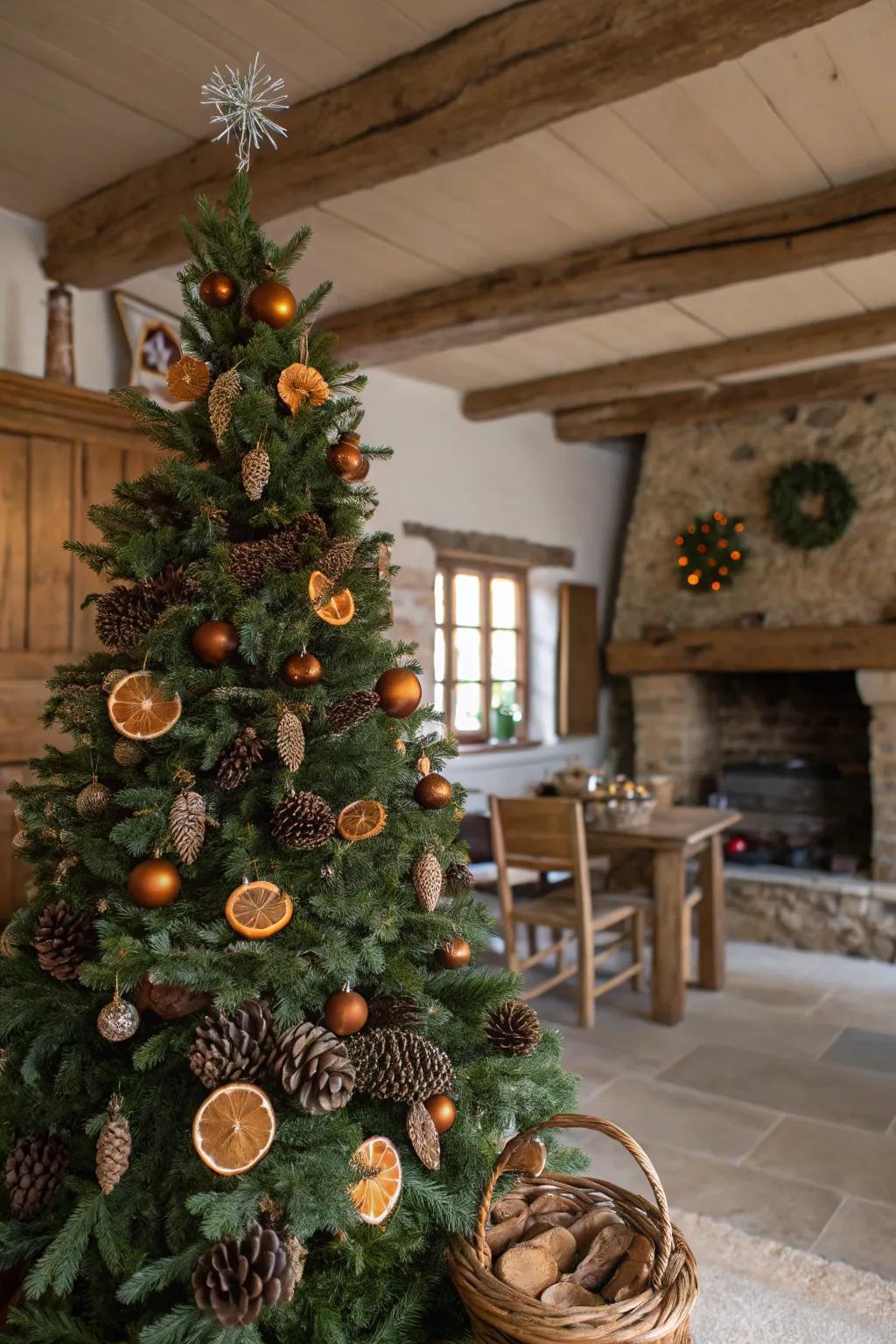 Naturally inspired decorations enhance the simple charm of this Christmas tree.