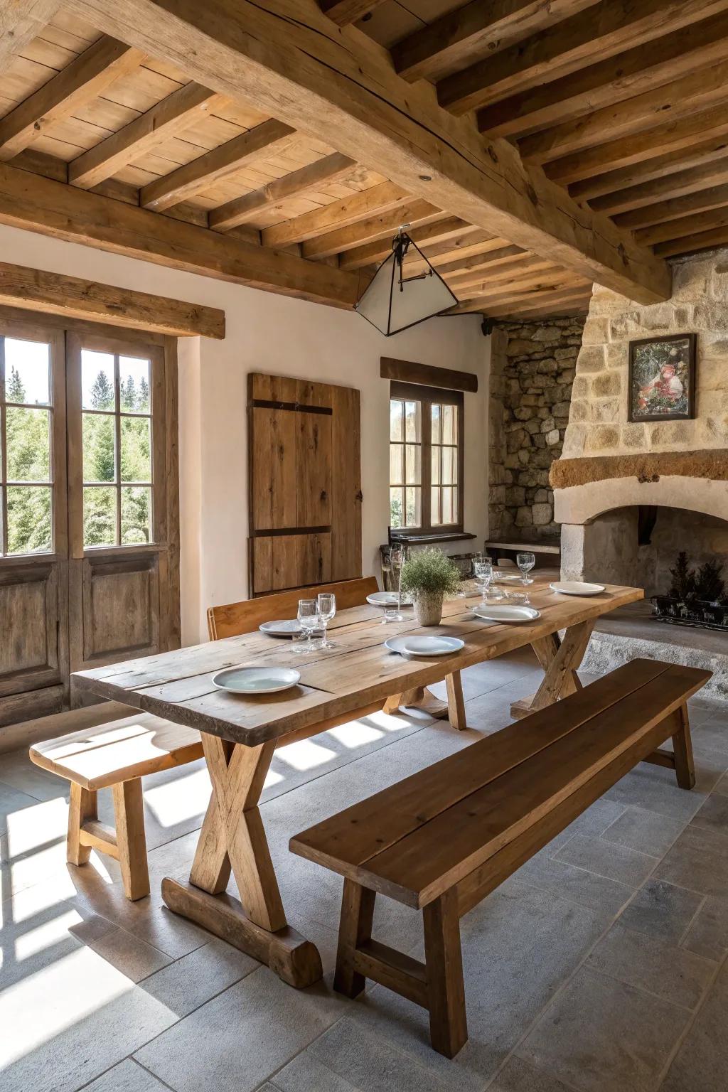 A wooden bench provides shared seating in this welcoming farmhouse dining room.