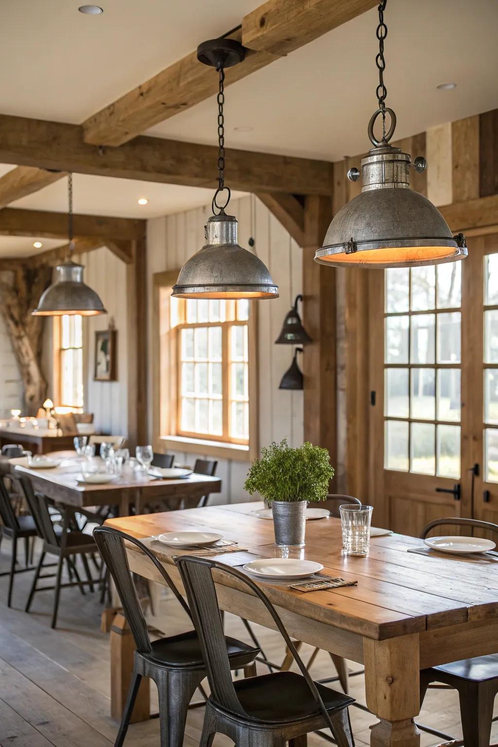Industrial metal lights offer a striking contrast with wood.