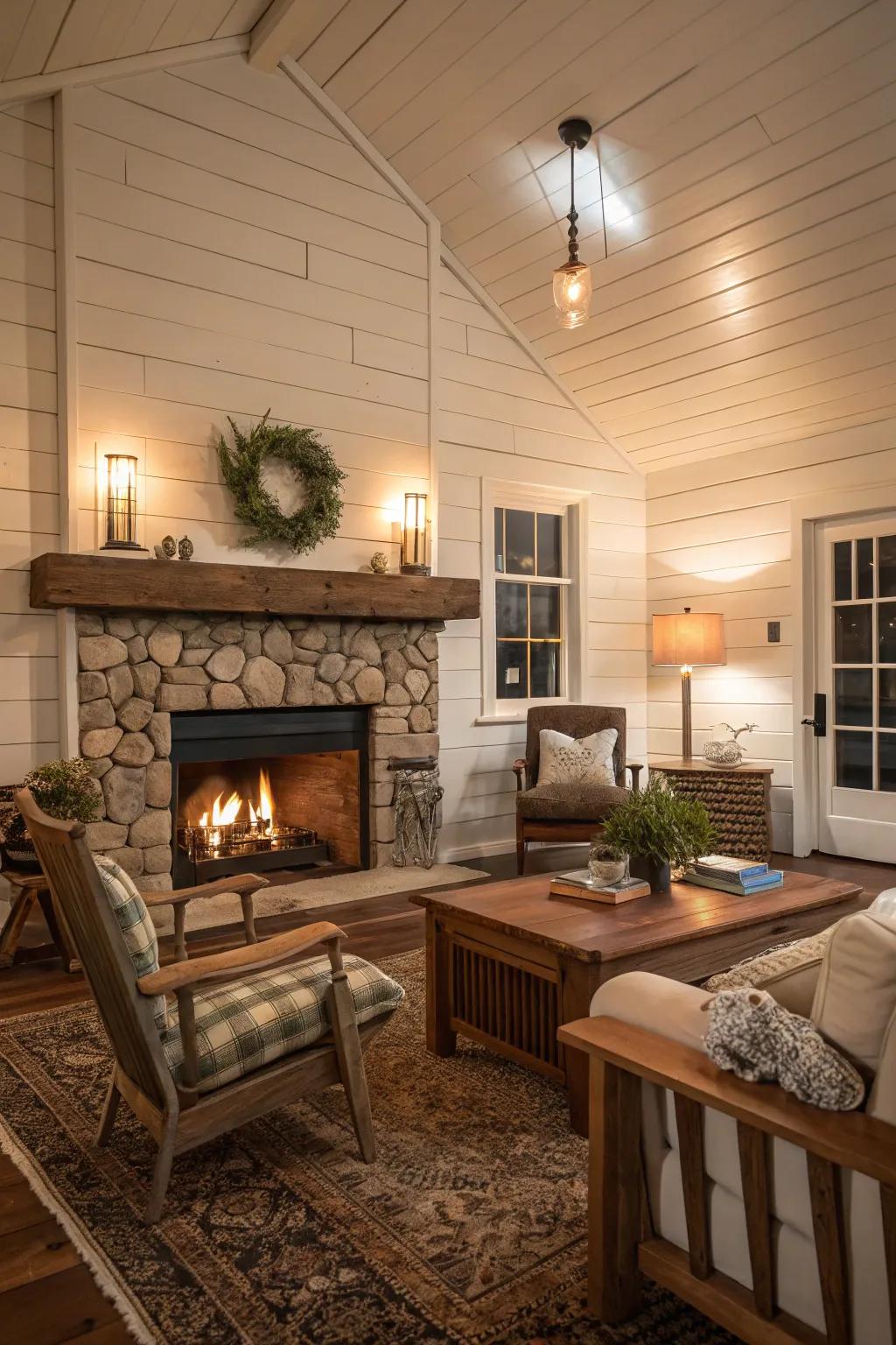 Plank paneling enclosing a countryside farmhouse fireplace.
