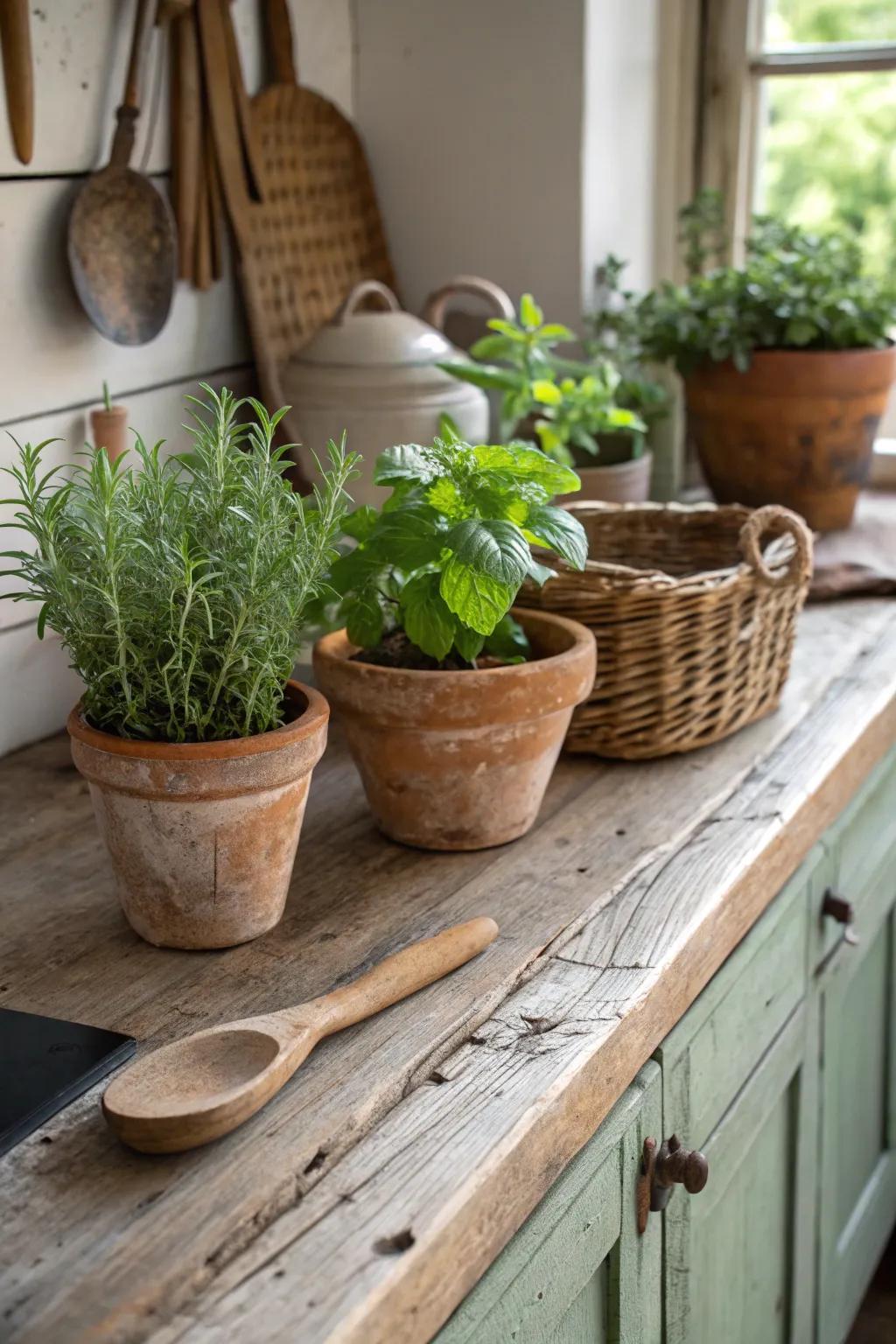 Potted herbs bringing a fresh vibe to a farmhouse cooking area design.