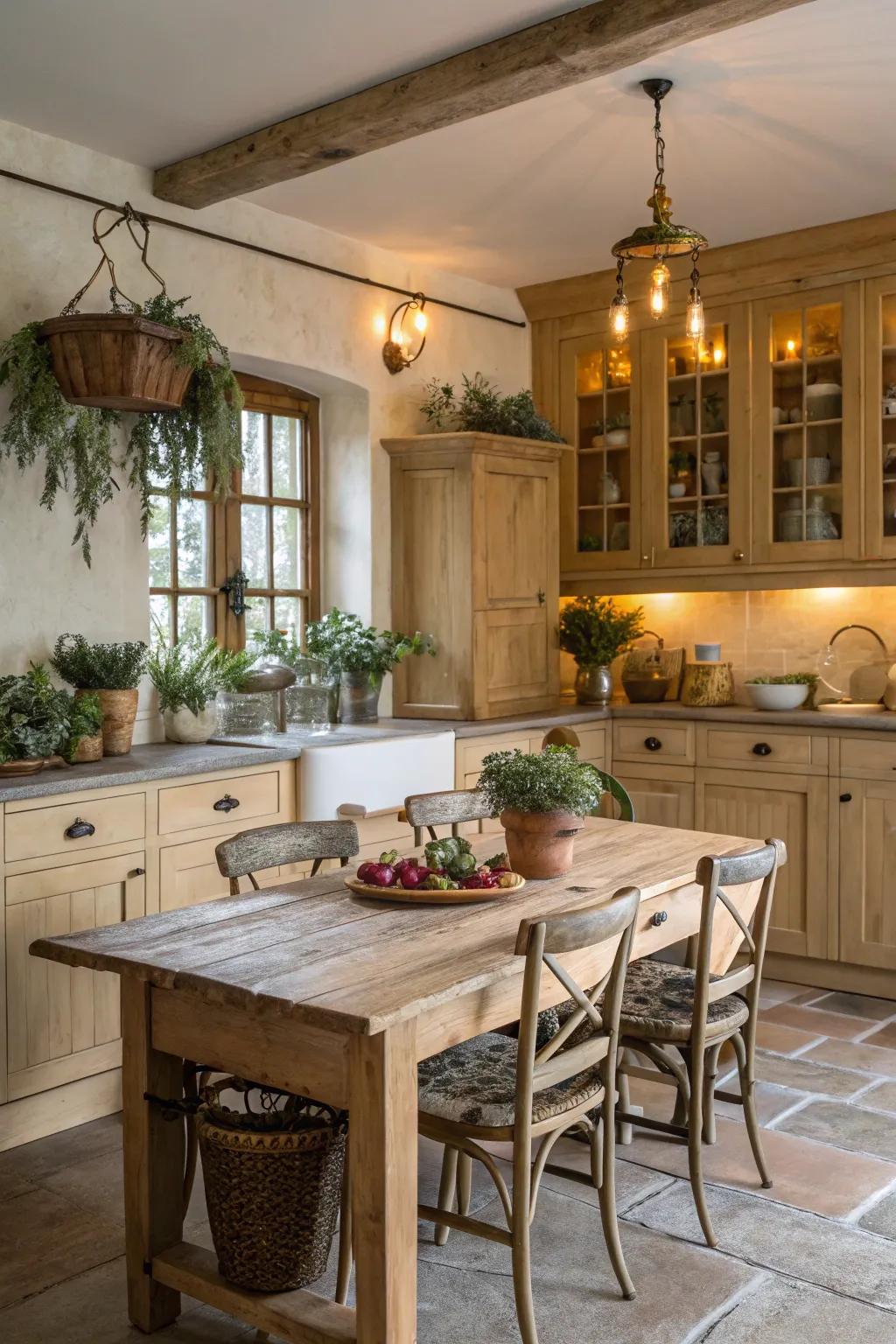 Period accents inject character into a cooking space with pale timber cabinetry.