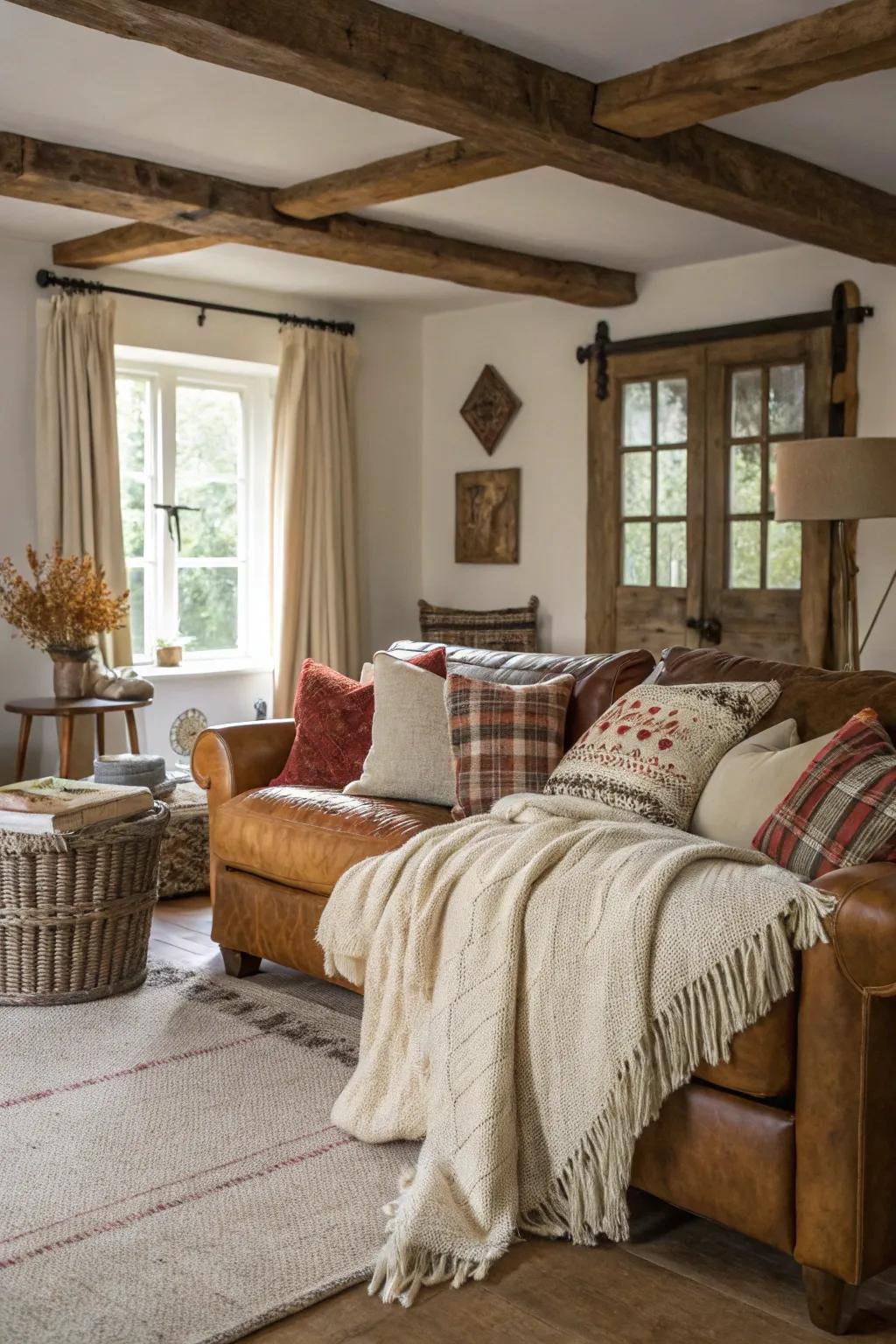 Carefully arranged textiles bring warmth and depth to this appealing farmhouse living space.