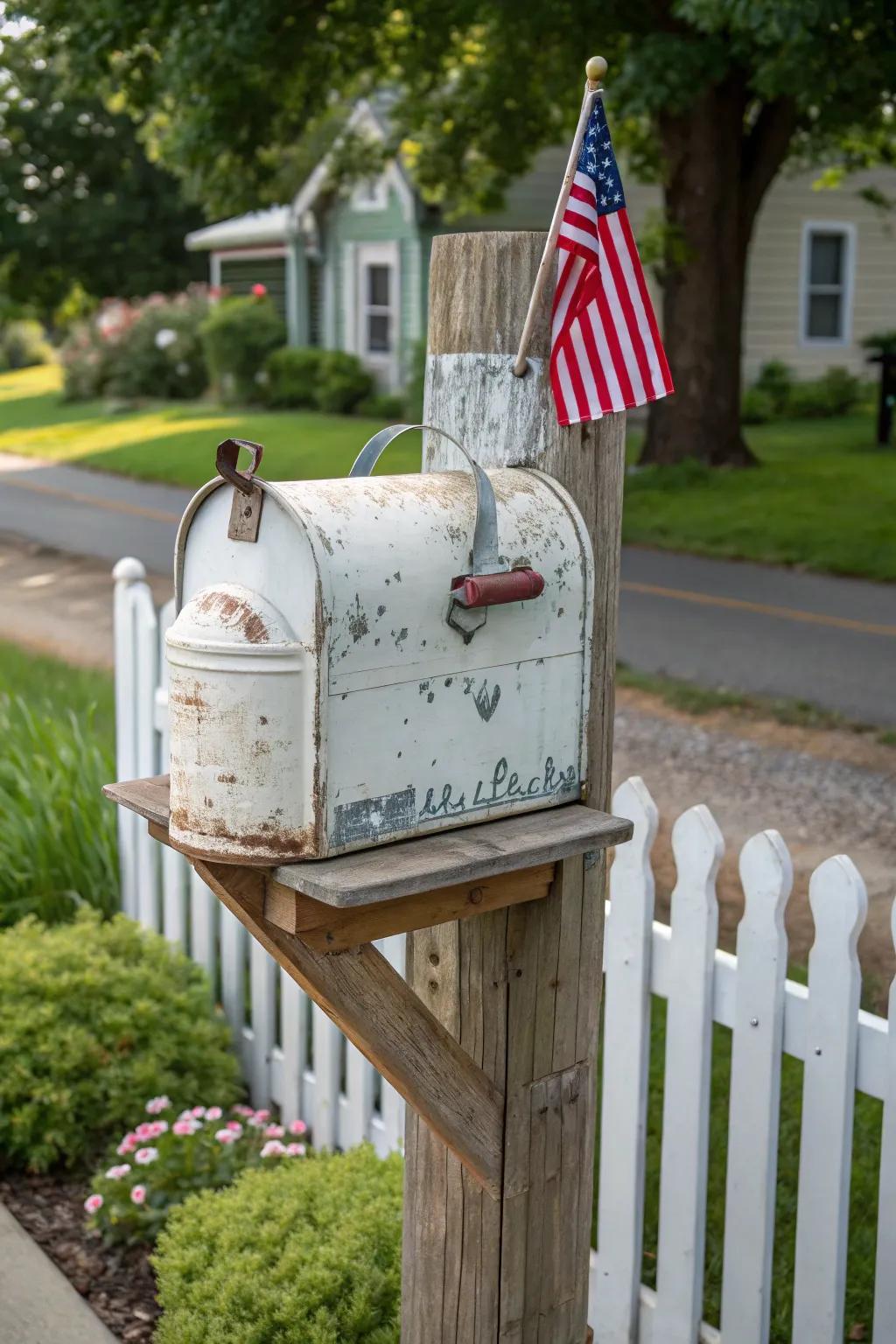 An antique dairy churn, creatively repurposed as a charming farmhouse mailbox.