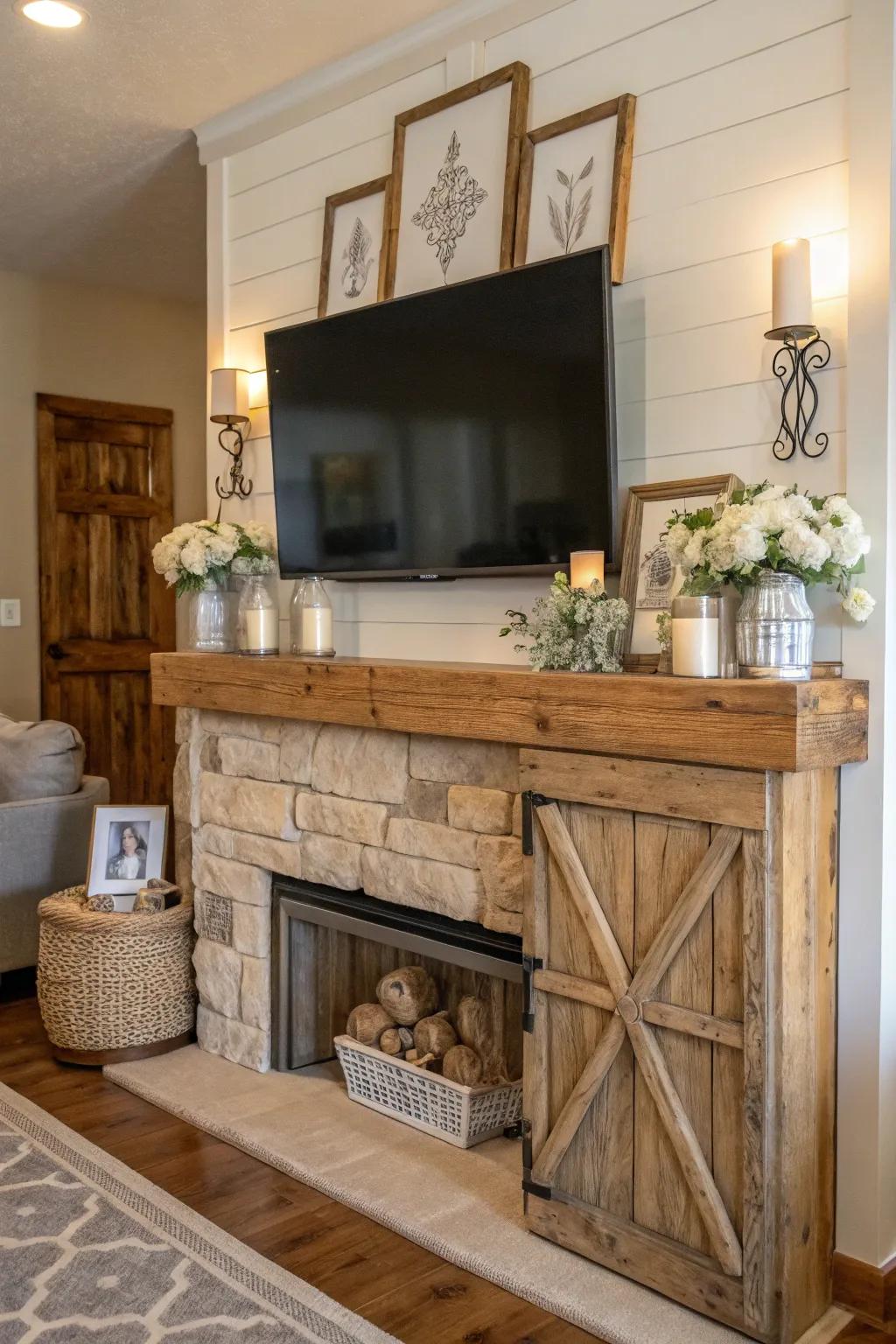 A delightful blend of country wood accents and farmhouse décor on a mantel with TV above.