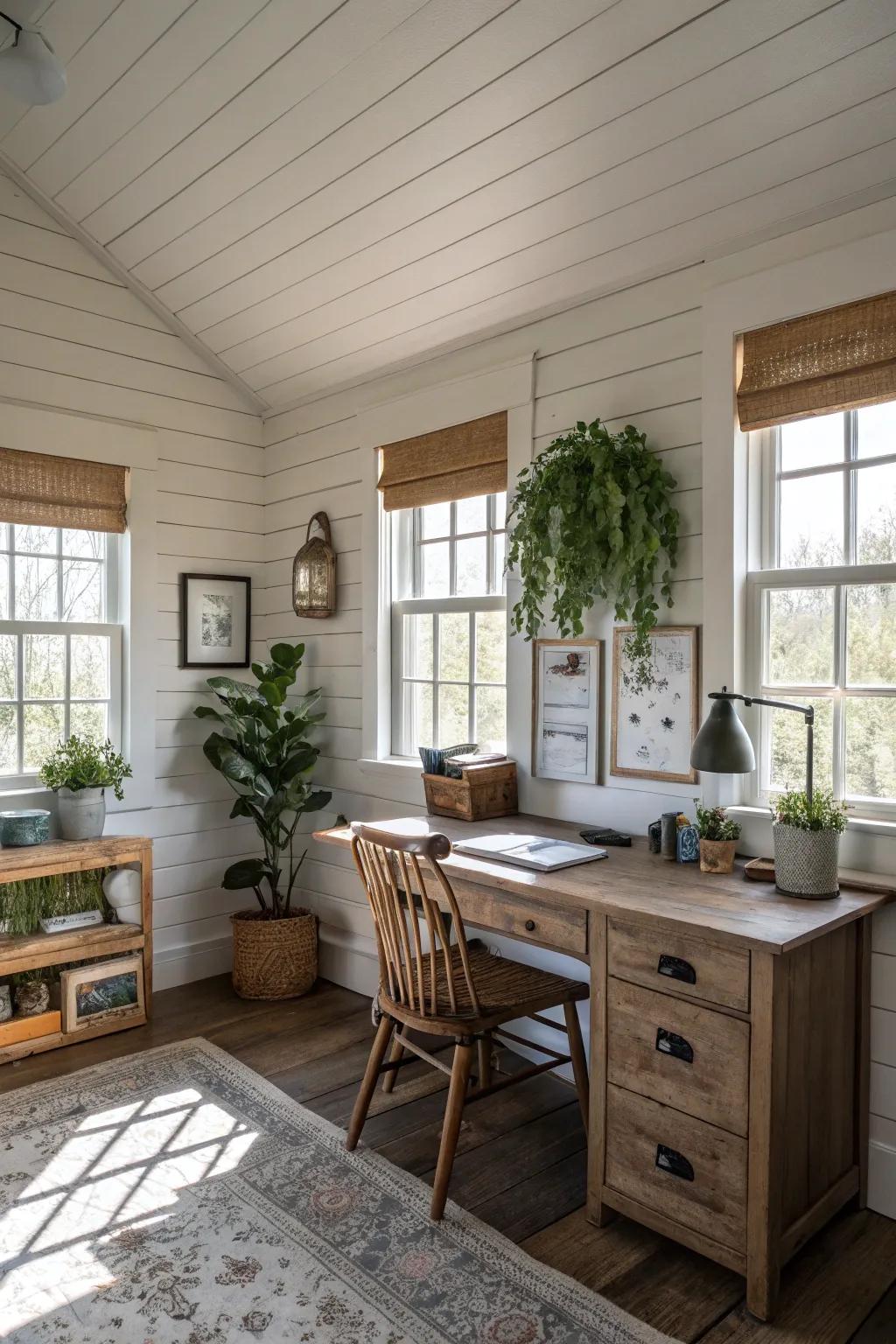 Shiplap walls craft a vibrant and welcoming office space.