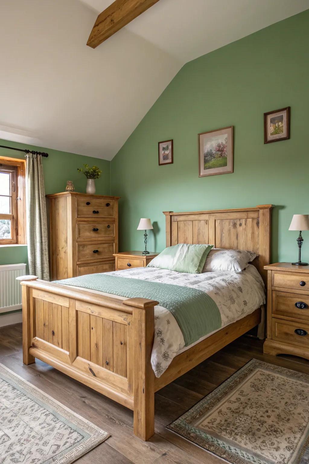 Soft green walls turn this bedroom into a peaceful sanctuary.