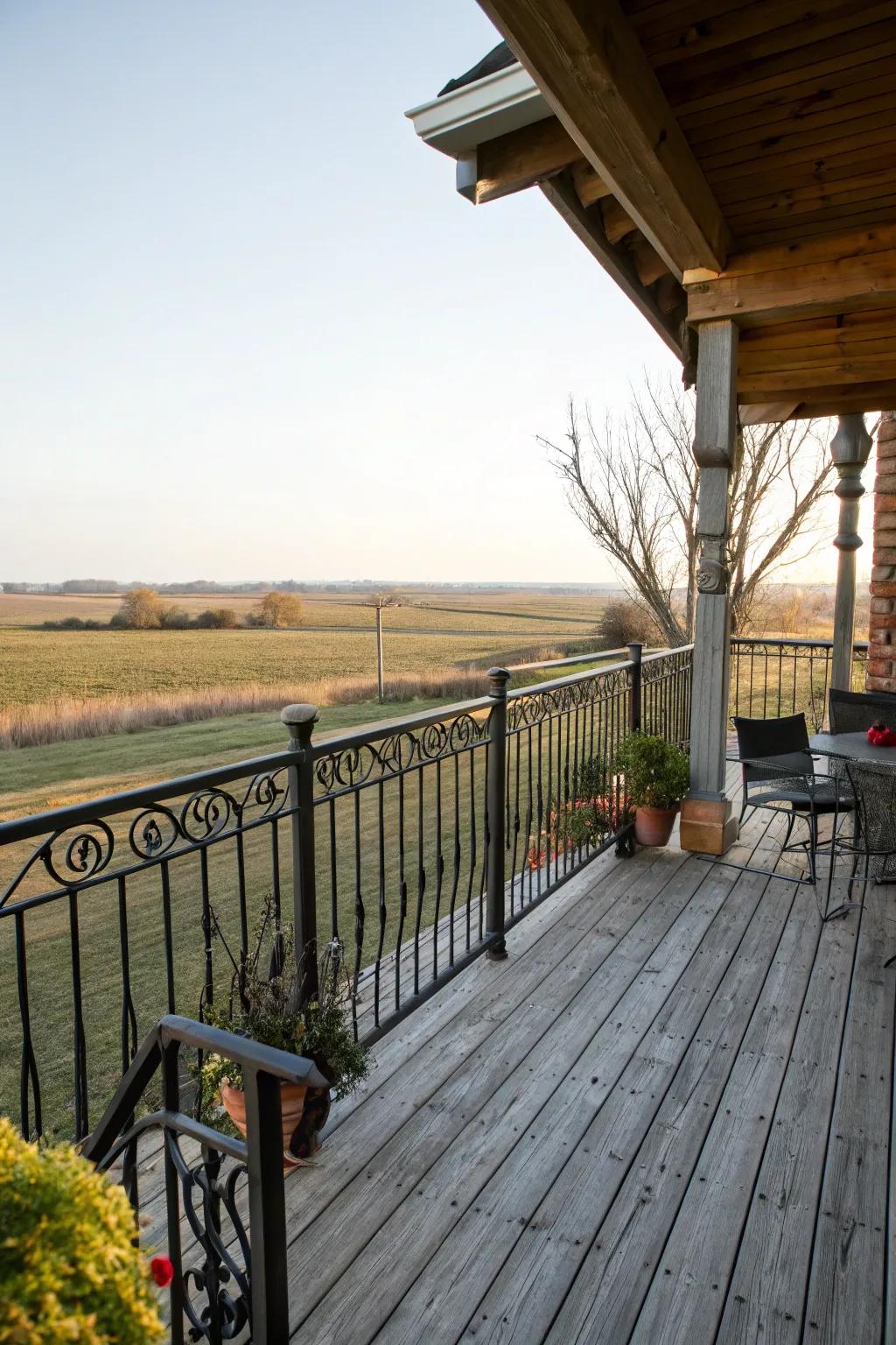Refined detail: Wrought iron railing on a farmhouse deck.