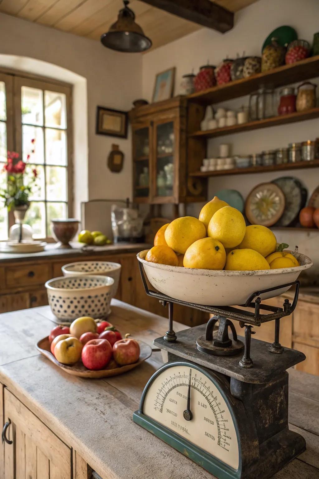 A seasonal fruit exhibit presented on a country-style balance.