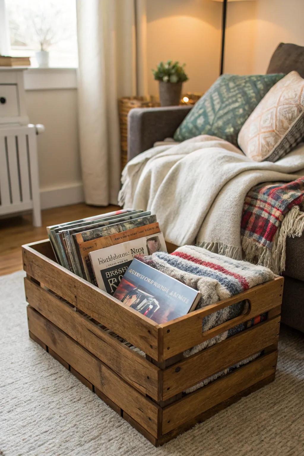 Practical and elegant storage using wooden boxes.