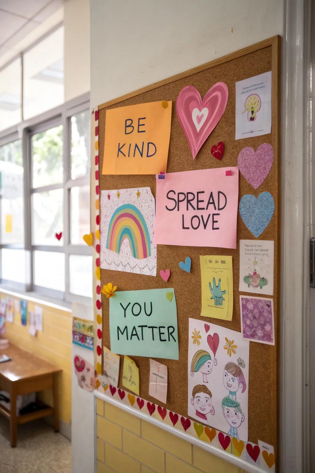A bulletin board promoting benevolence and uplifting messages.
