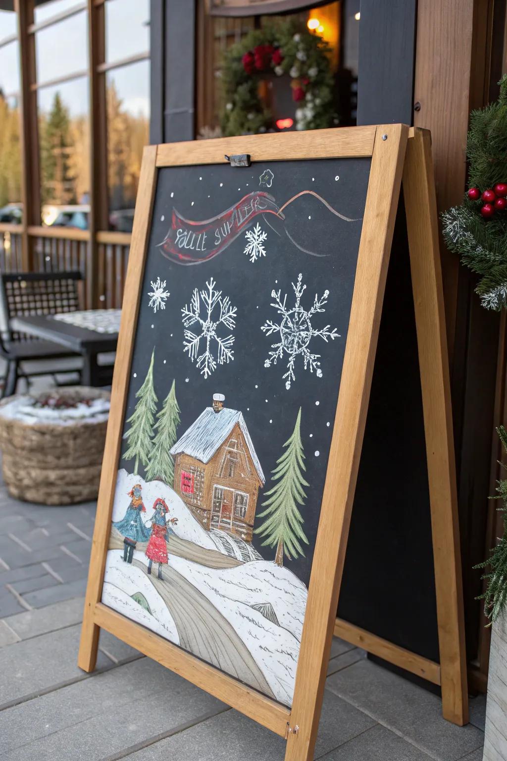 Celebrate winter using snowy chalkboard art.