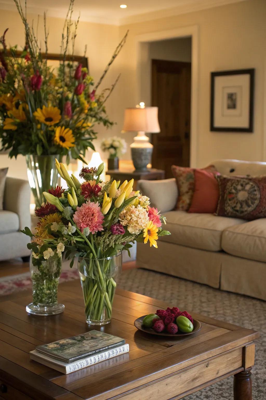 A living room brightened by sophisticated floral arrangements placed on the coffee table.
