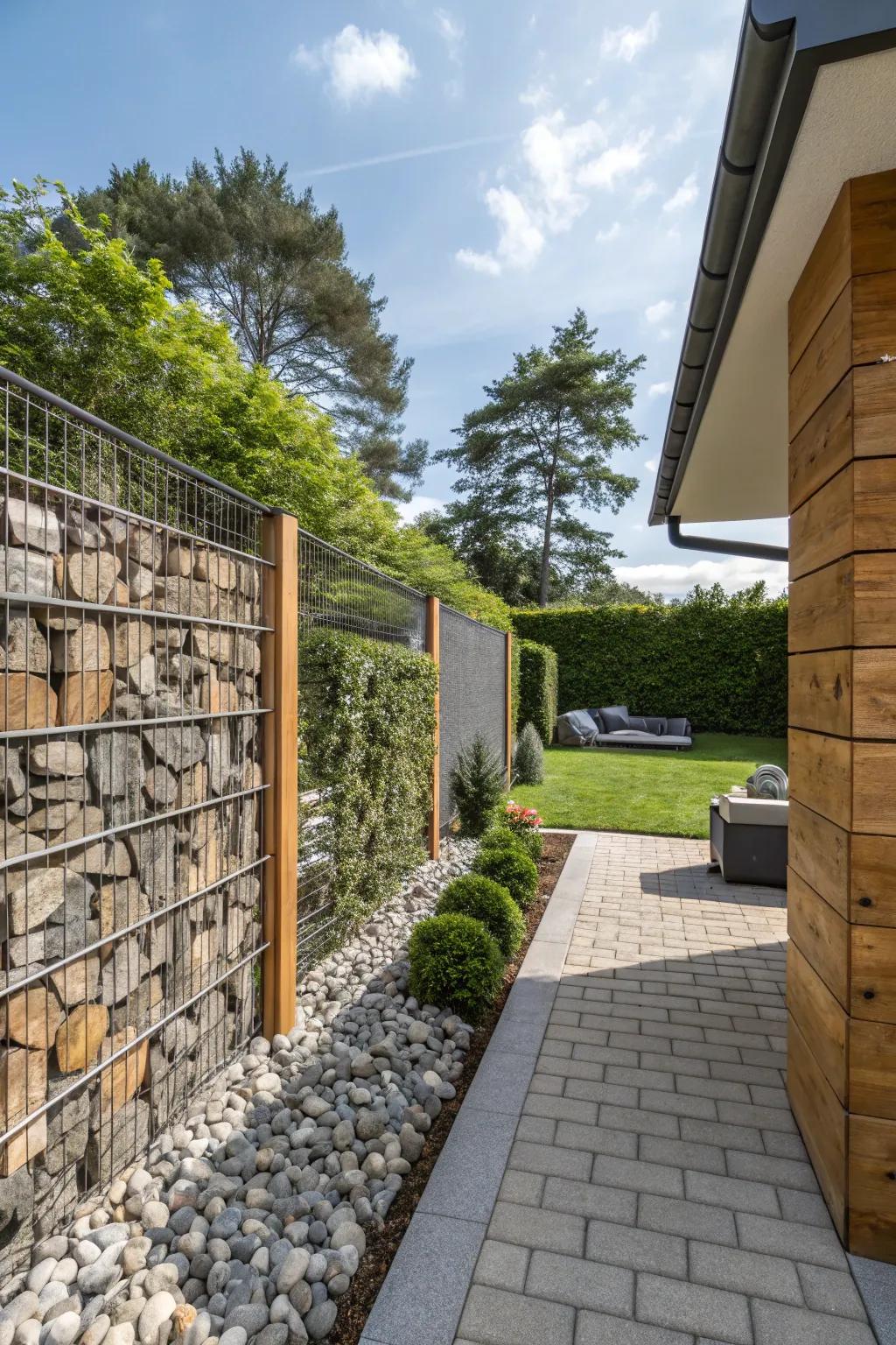 Gabion frameworks deliver a rustic yet modern appearance with natural rocks.