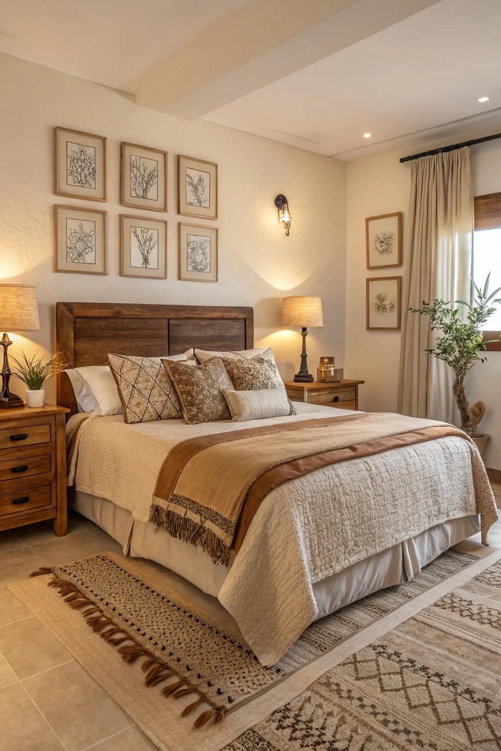 Relaxing neutral hues create a peaceful bedroom setting.