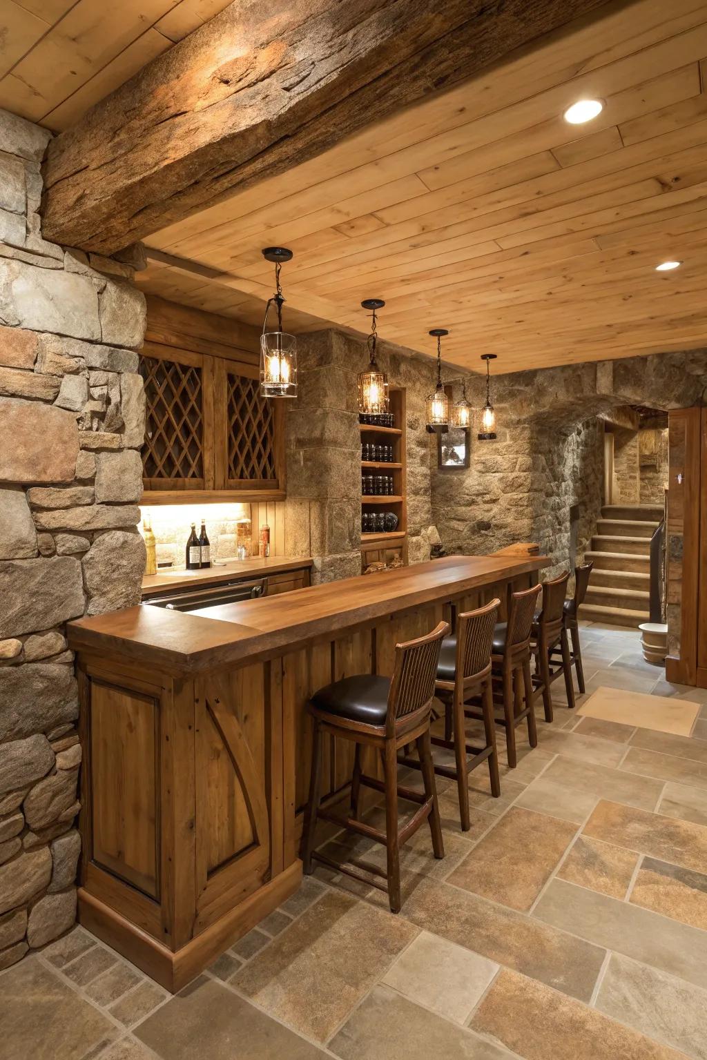 Merge nature with your interior space through a rustic retreat-style basement bar.