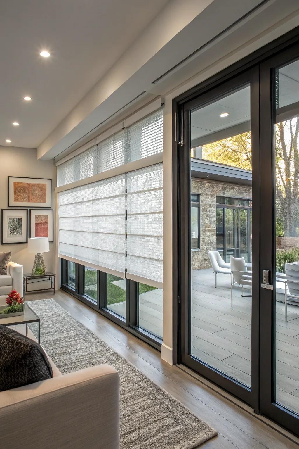 Sheer blinds ensure privacy while keeping a contemporary appearance.