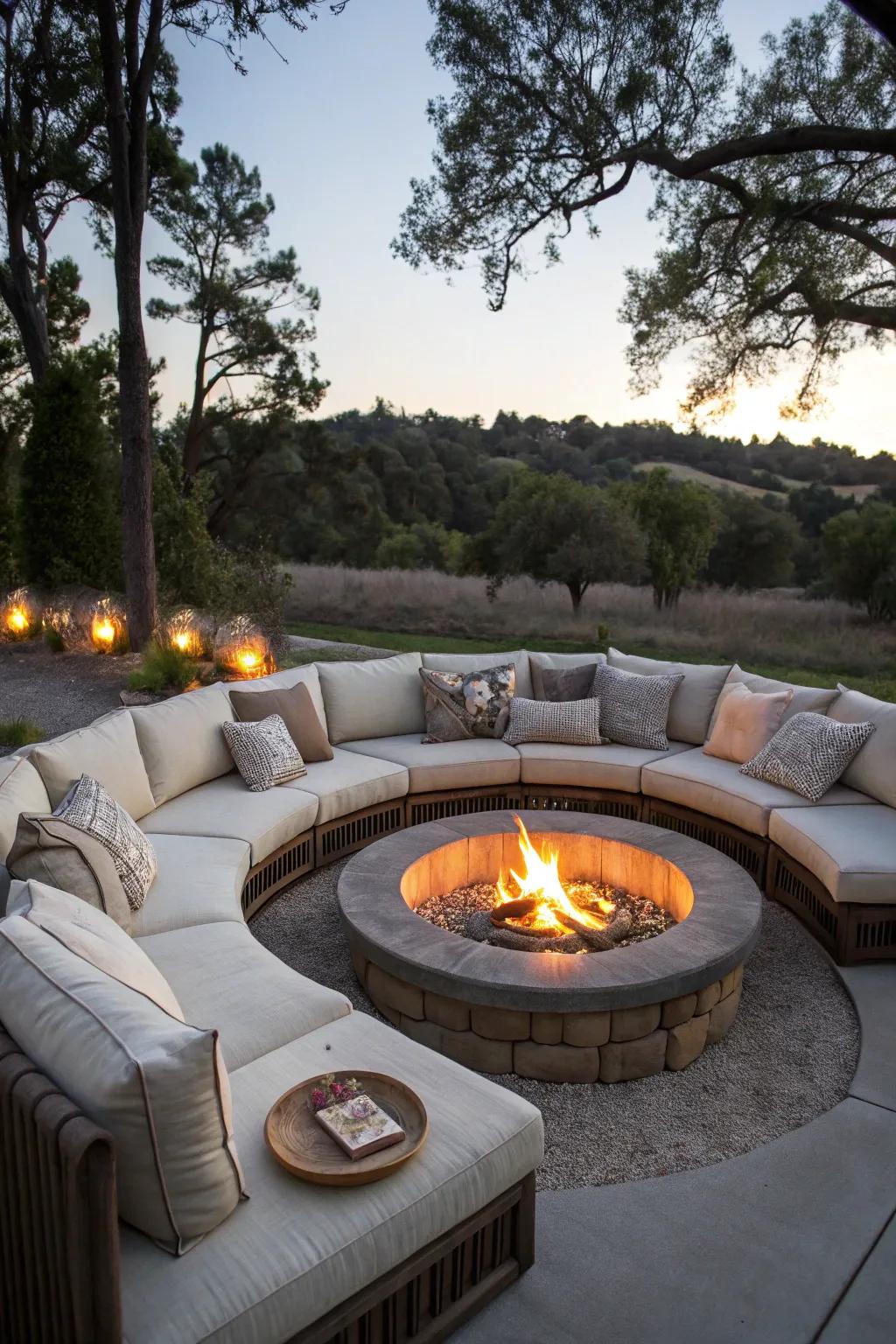 Circular seating with sectional sofas brings everyone closer to the fire.