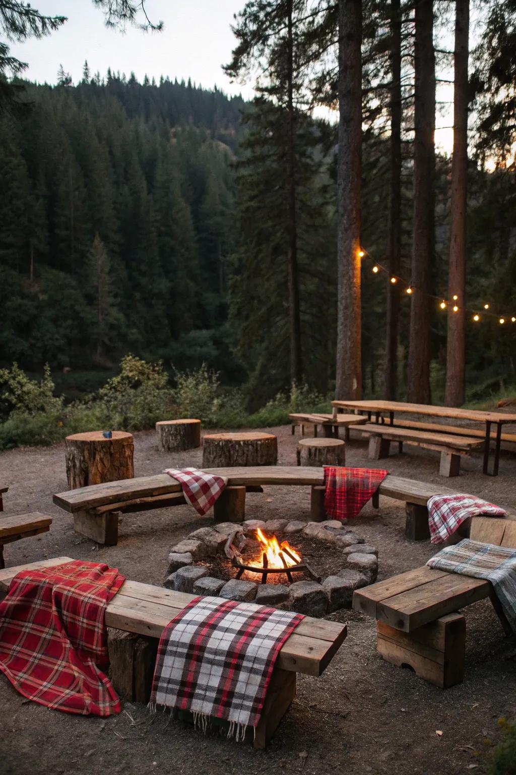 Unrefined wooden seating introduces a nostalgic element to your fire pit area.