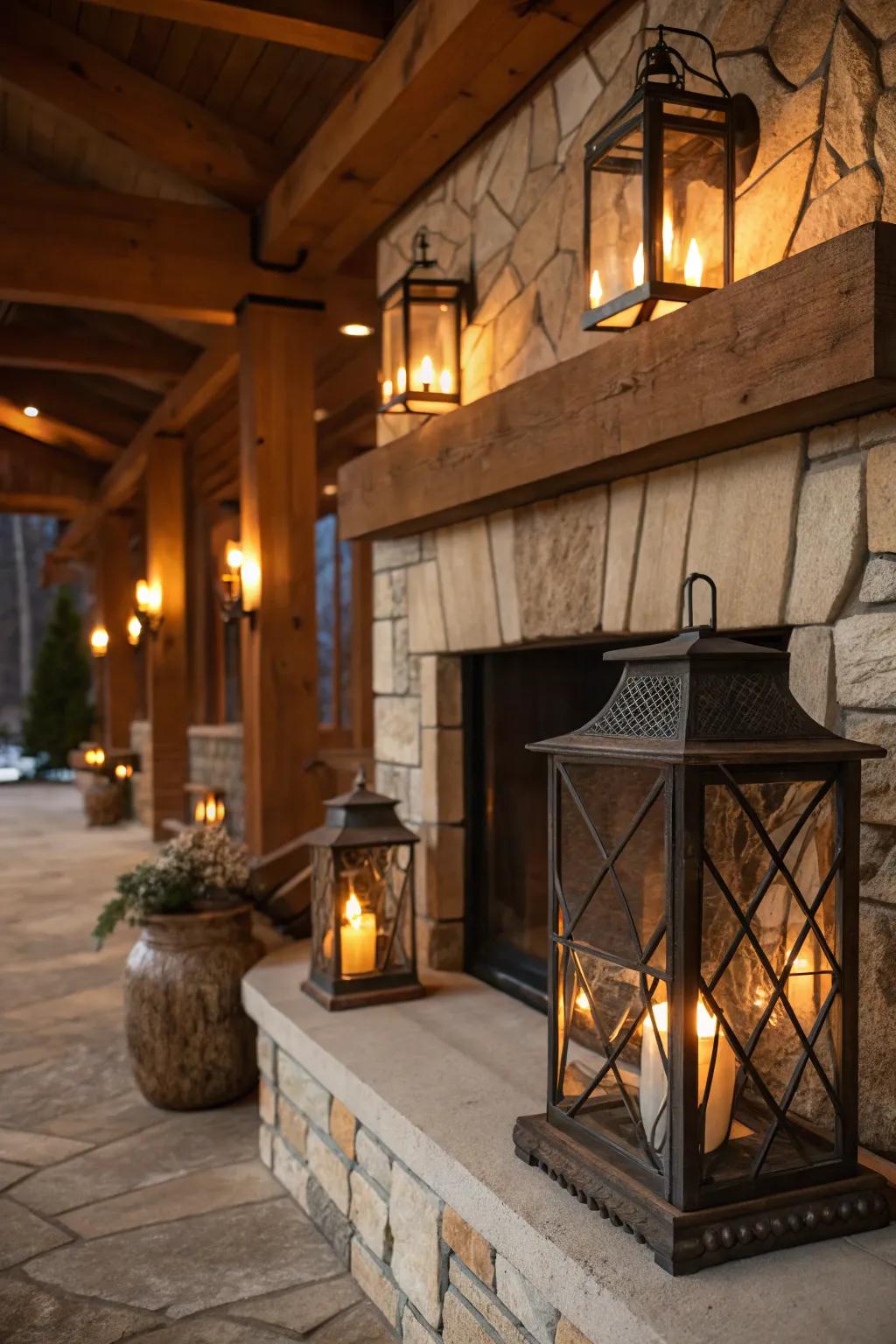 Lanterns introduce a touch of earthy charm to your fireplace.