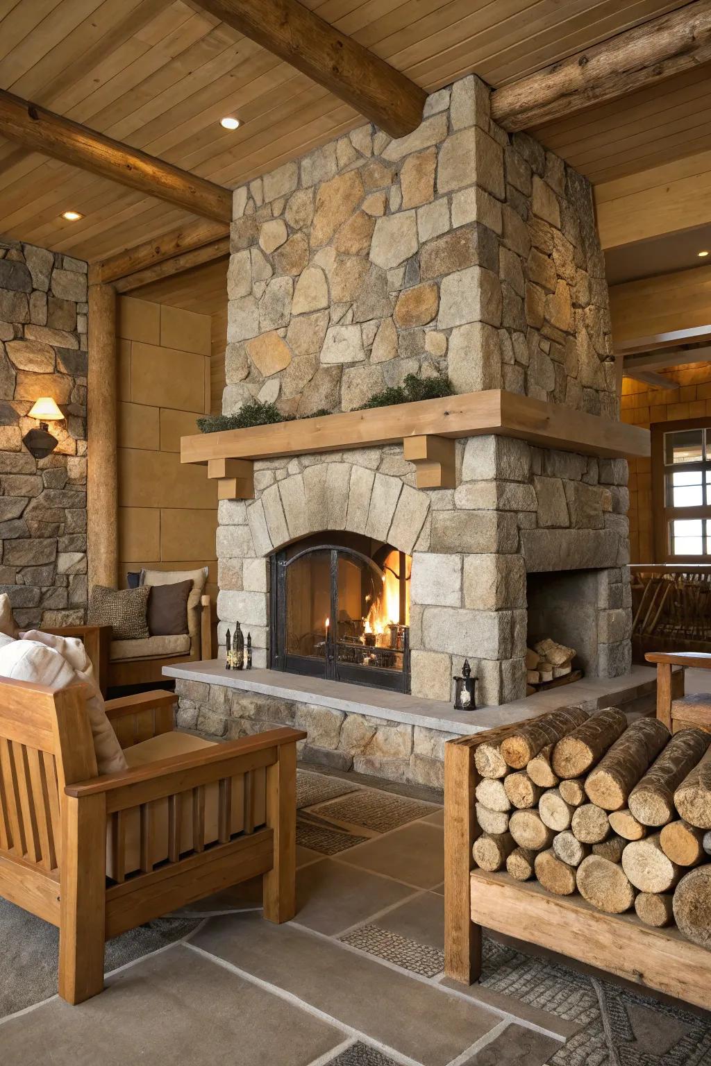 Natural rock tiles provide a rustic charm to this welcoming fireplace.