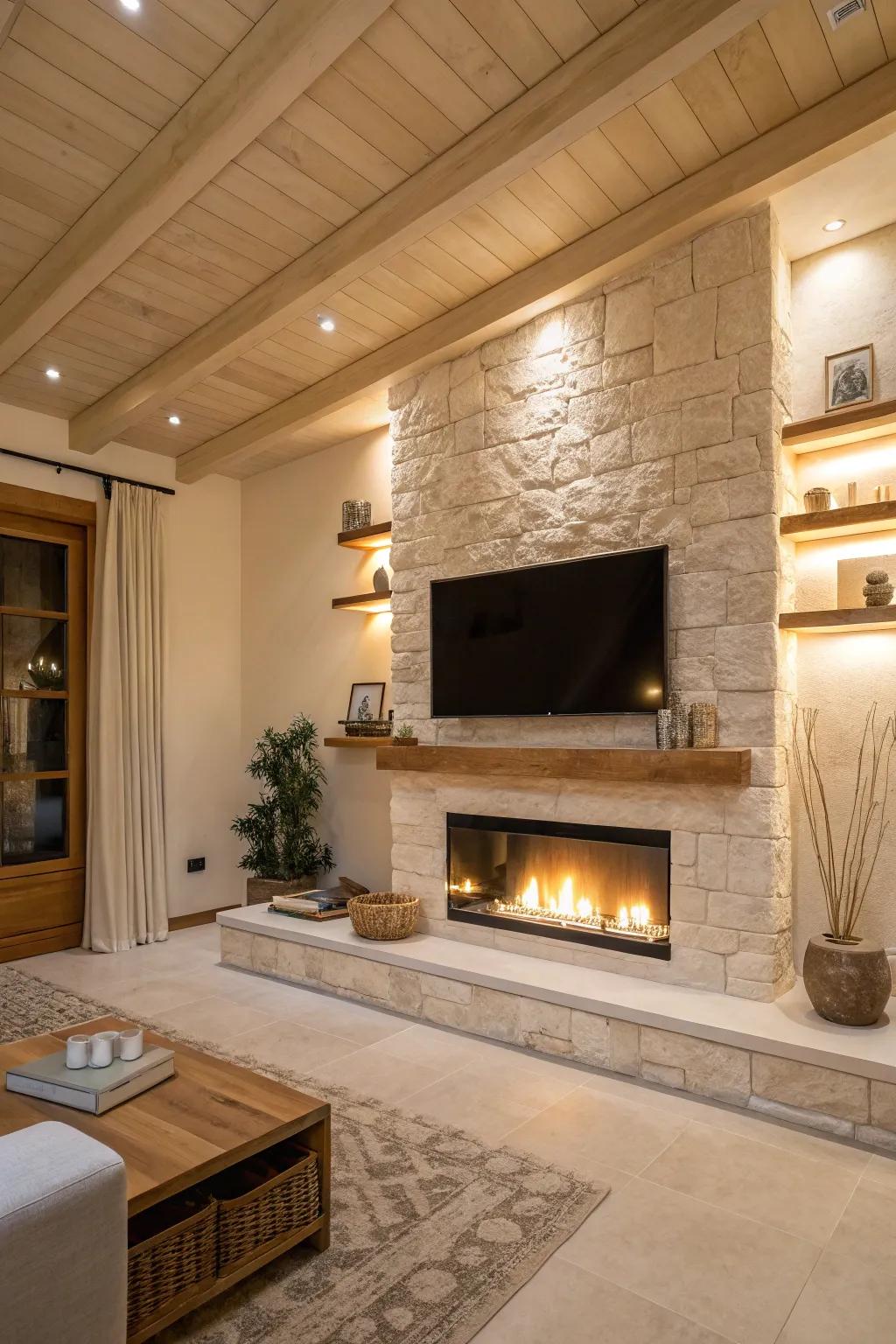 Accept the elegance of simplicity through a minimalist TV and fireplace design.