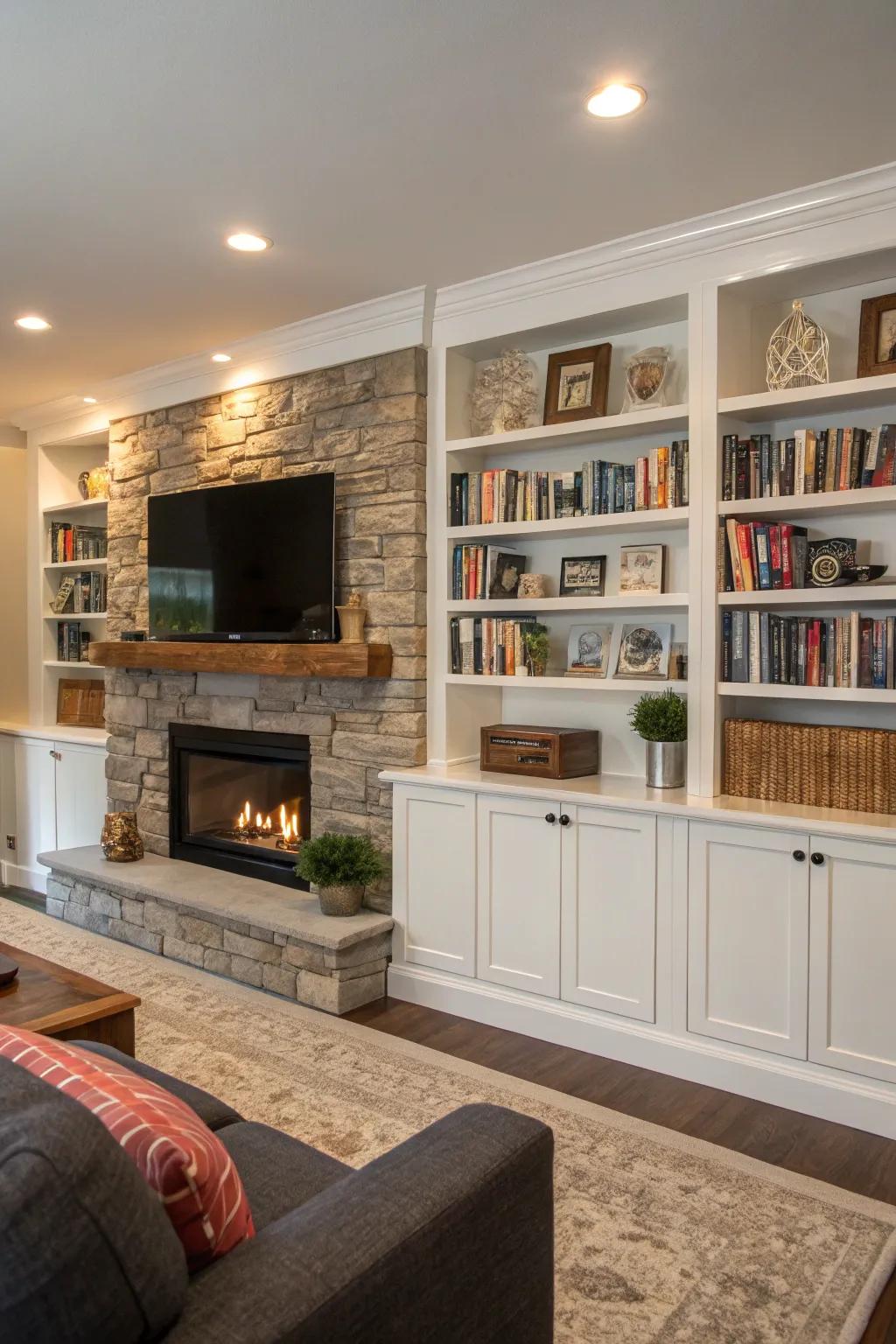 Family room showcasing stylish fitted shelving surrounding a fireplace wall and TV.