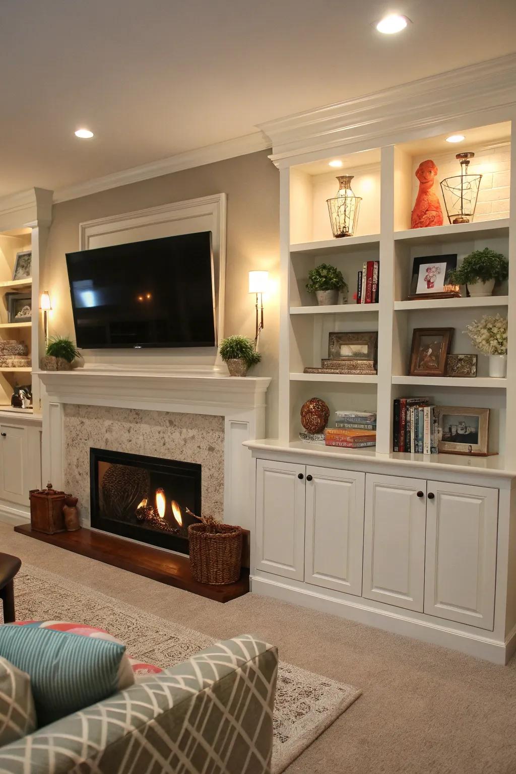 A fireplace with integrated shelves and a TV above, displaying personal décor.