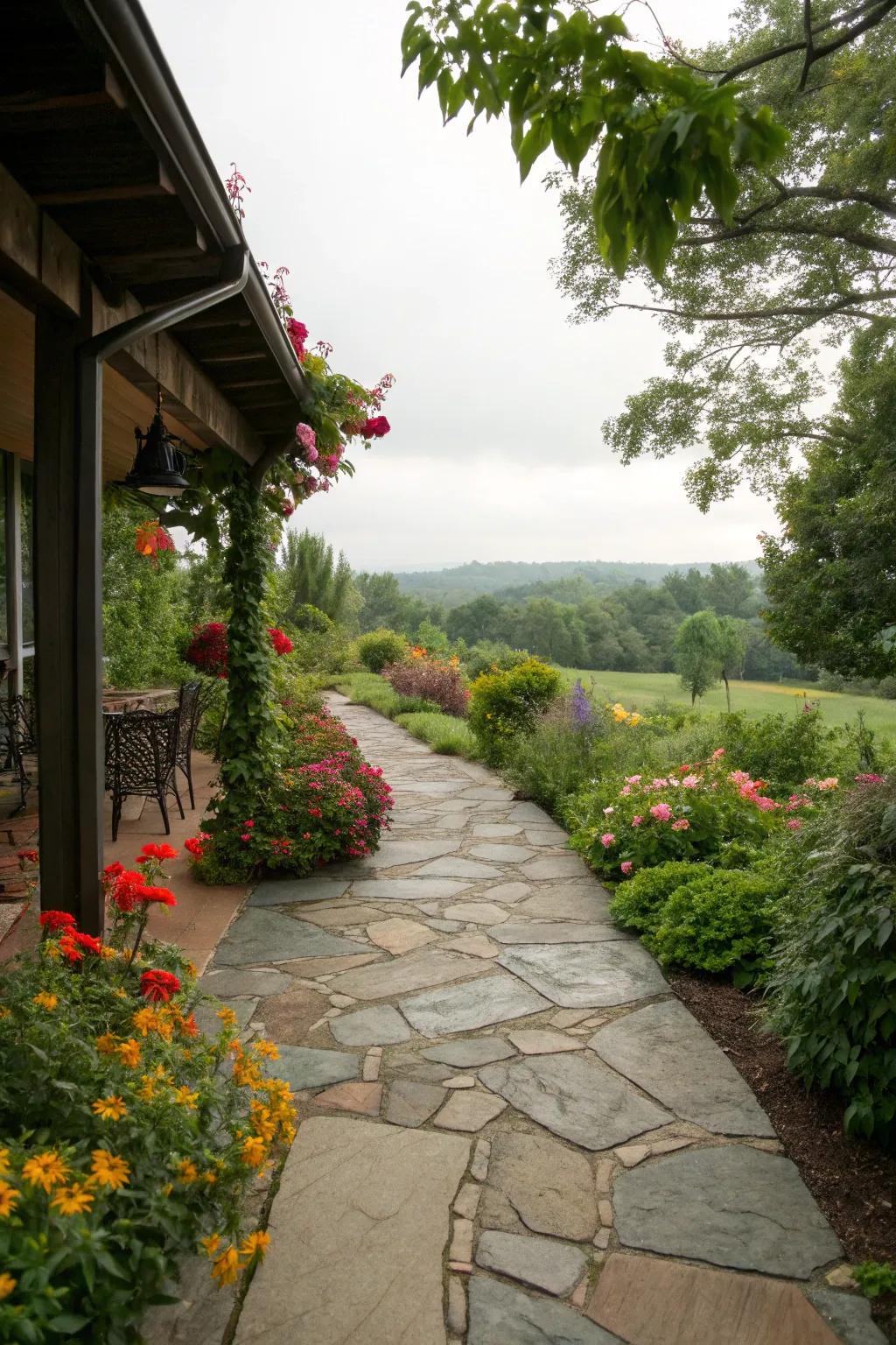 A natural flagstone path amplifying garden aesthetics.