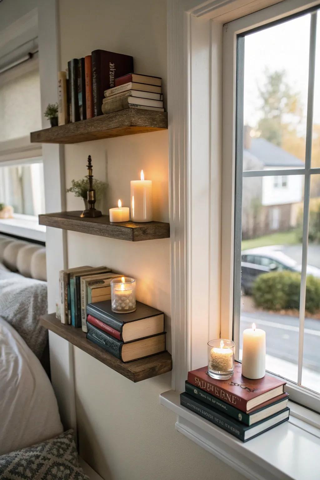 Wall-mounted ledges convert a boudoir corner into a reading refuge.