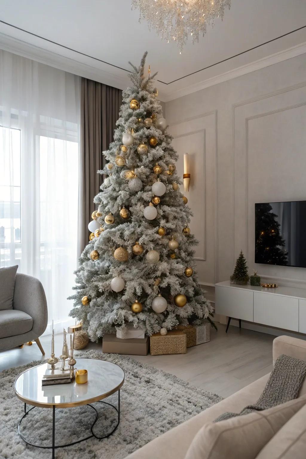 A glamorous flocked Christmas tree with metallic highlights.