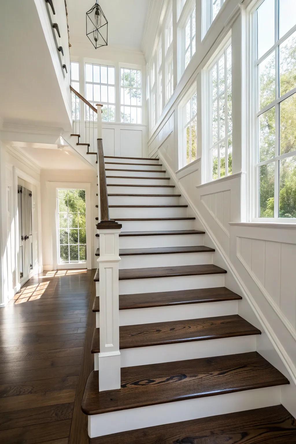 Dark wood steps set against pale risers create a stunning visual contrast.