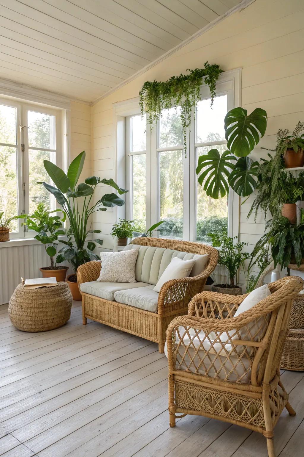 Natural elements like wicker and cane create a cozy atmosphere.