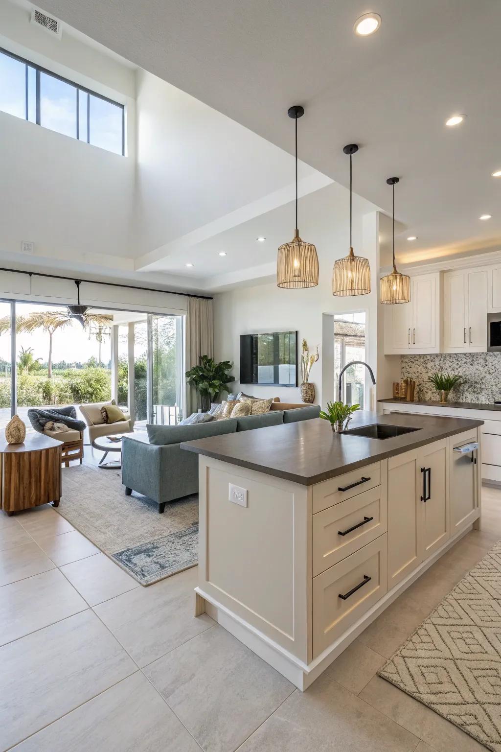 An open concept design seamlessly merging the cooking area with the living space.
