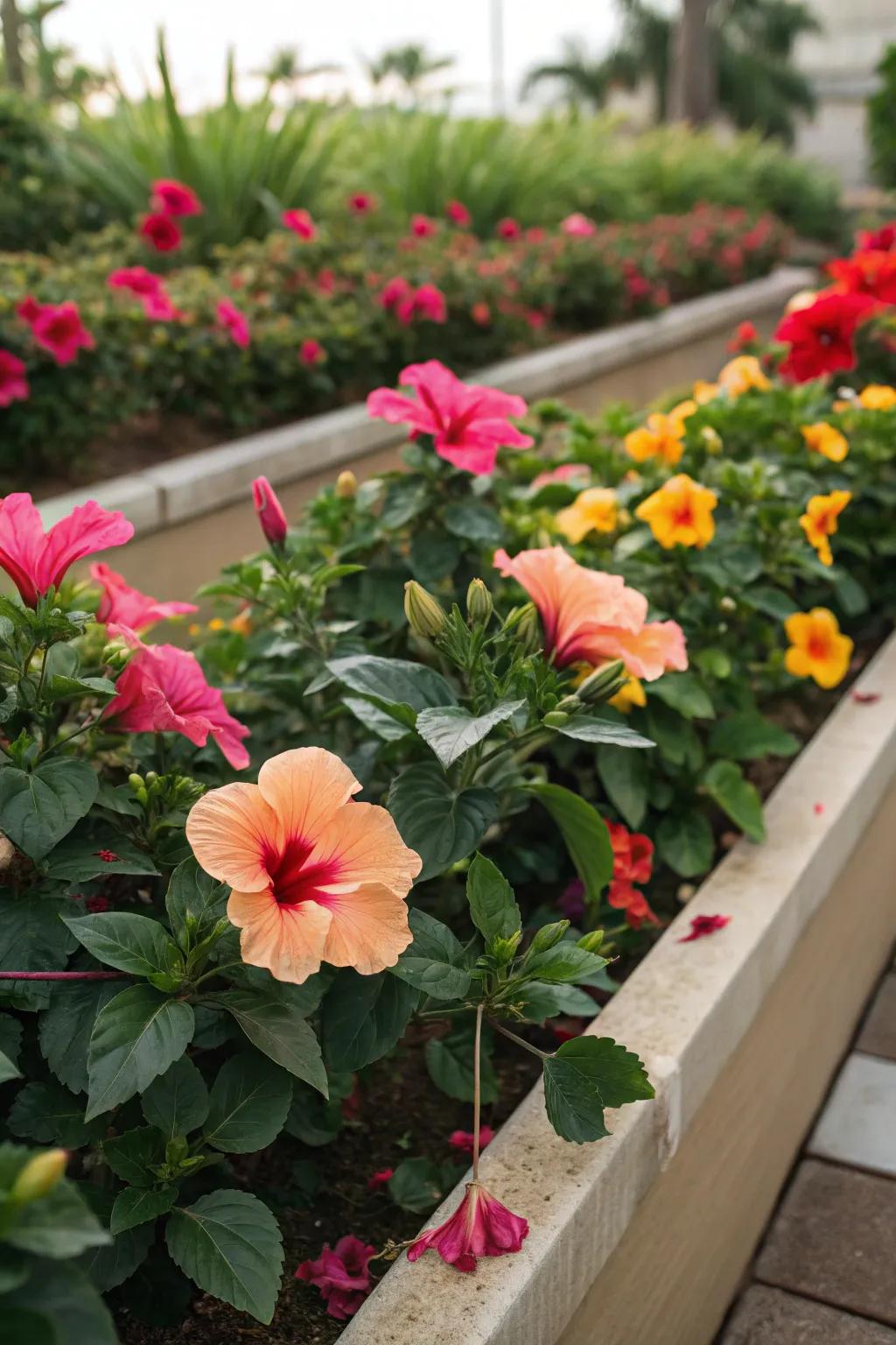 Bright flowers such as hibiscus add a lively touch to Florida landscapes.