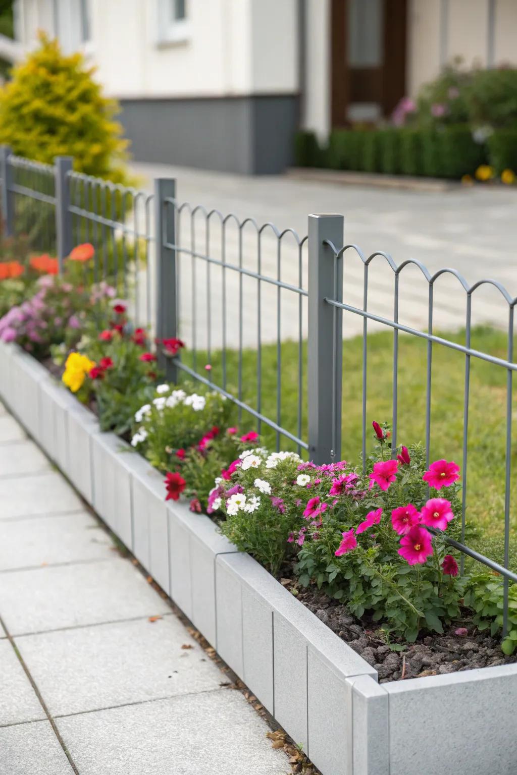 Sleek metal fencing offers a modern detail to flower beds.