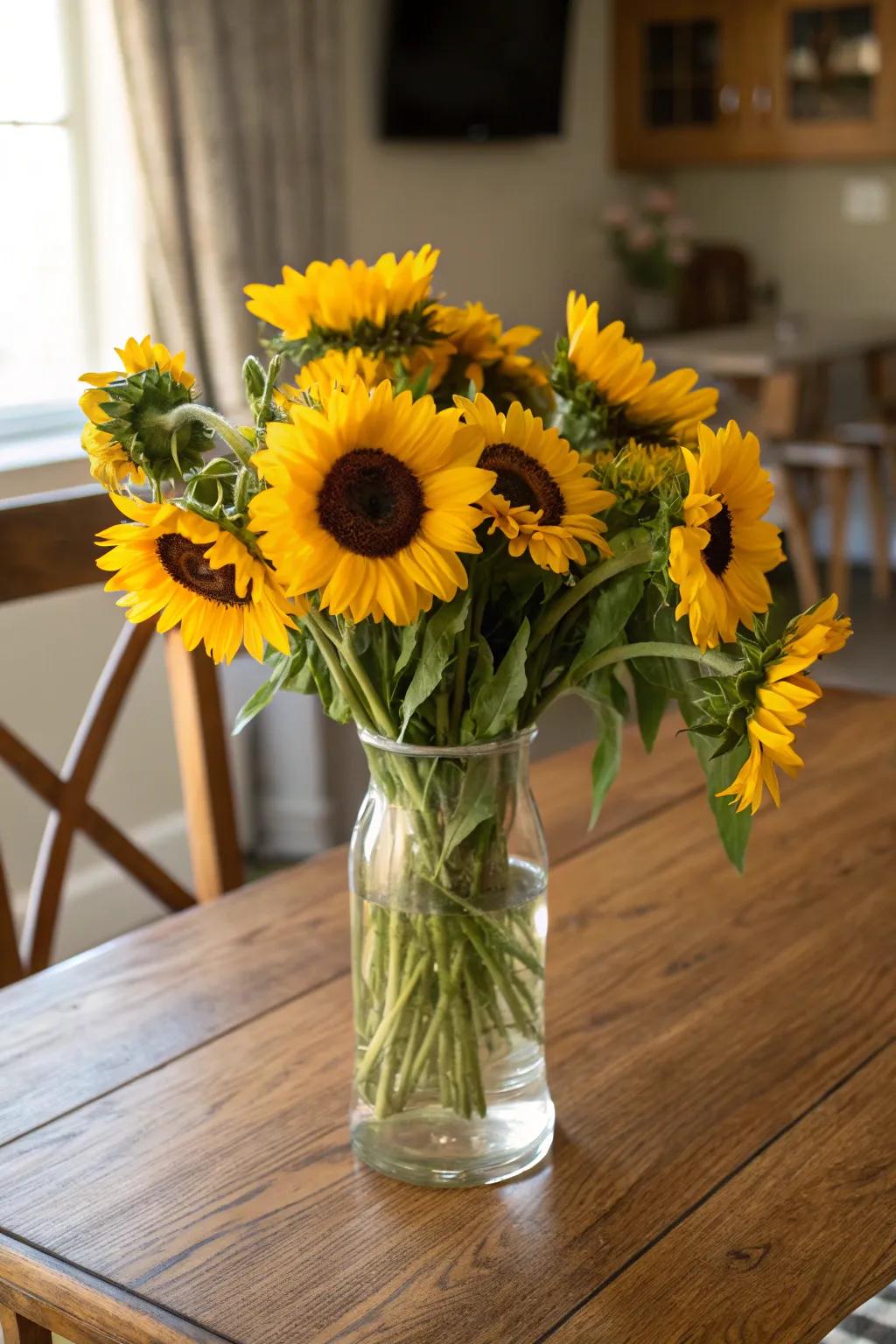 A breathtaking bouquet of sunflowers makes a bold declaration on a dining surface.