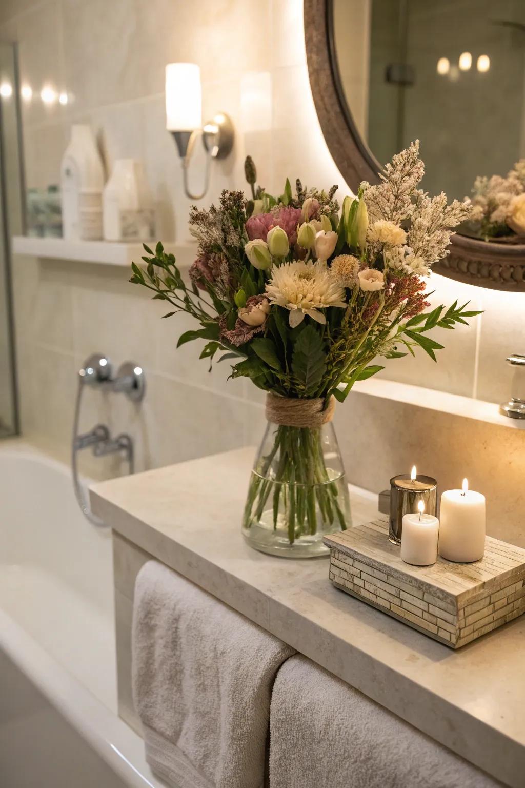 Subdued blossoms contribute refinement to any powder room.