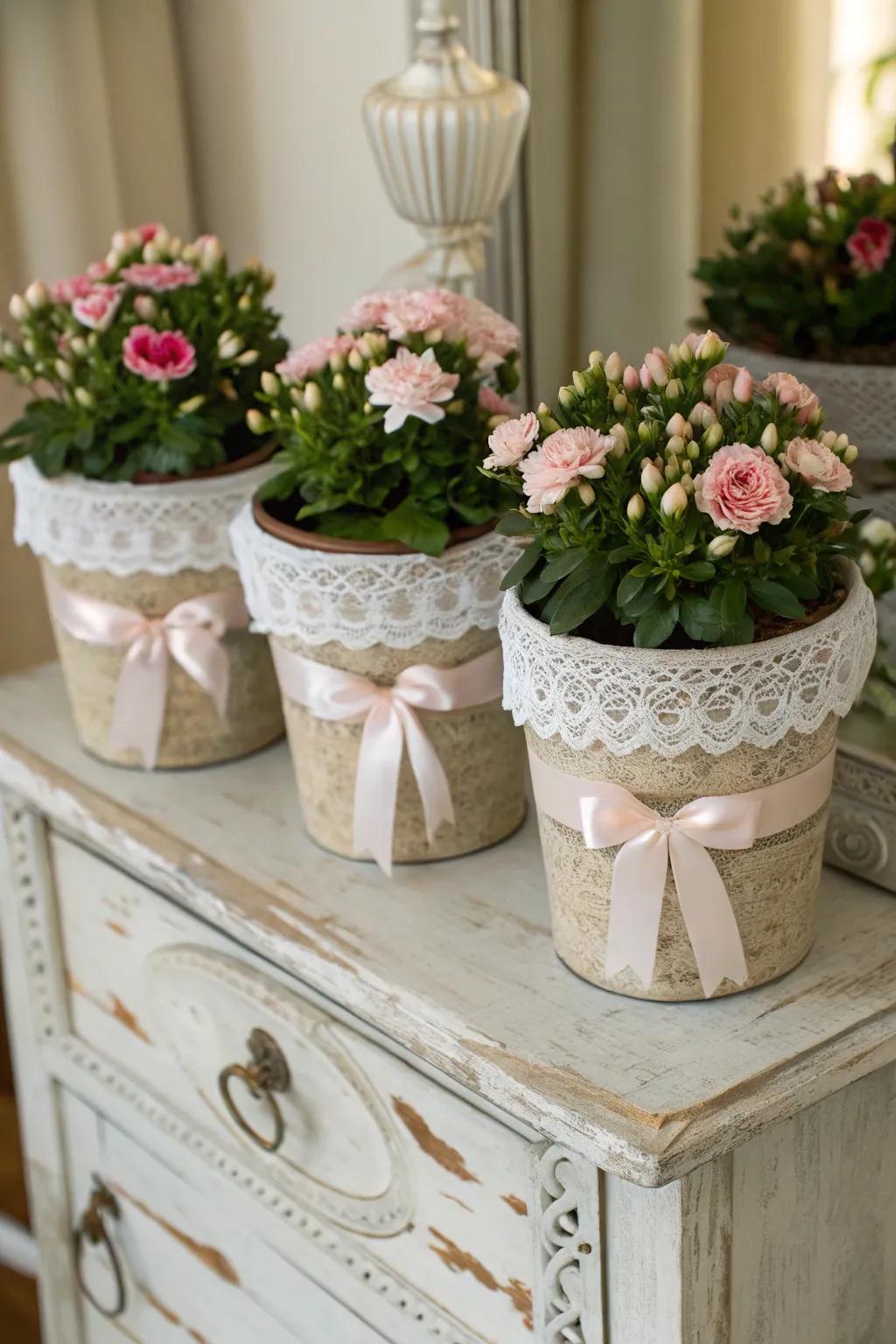 Inject refinement into your flower containers utilizing lacework and ribbon touches.