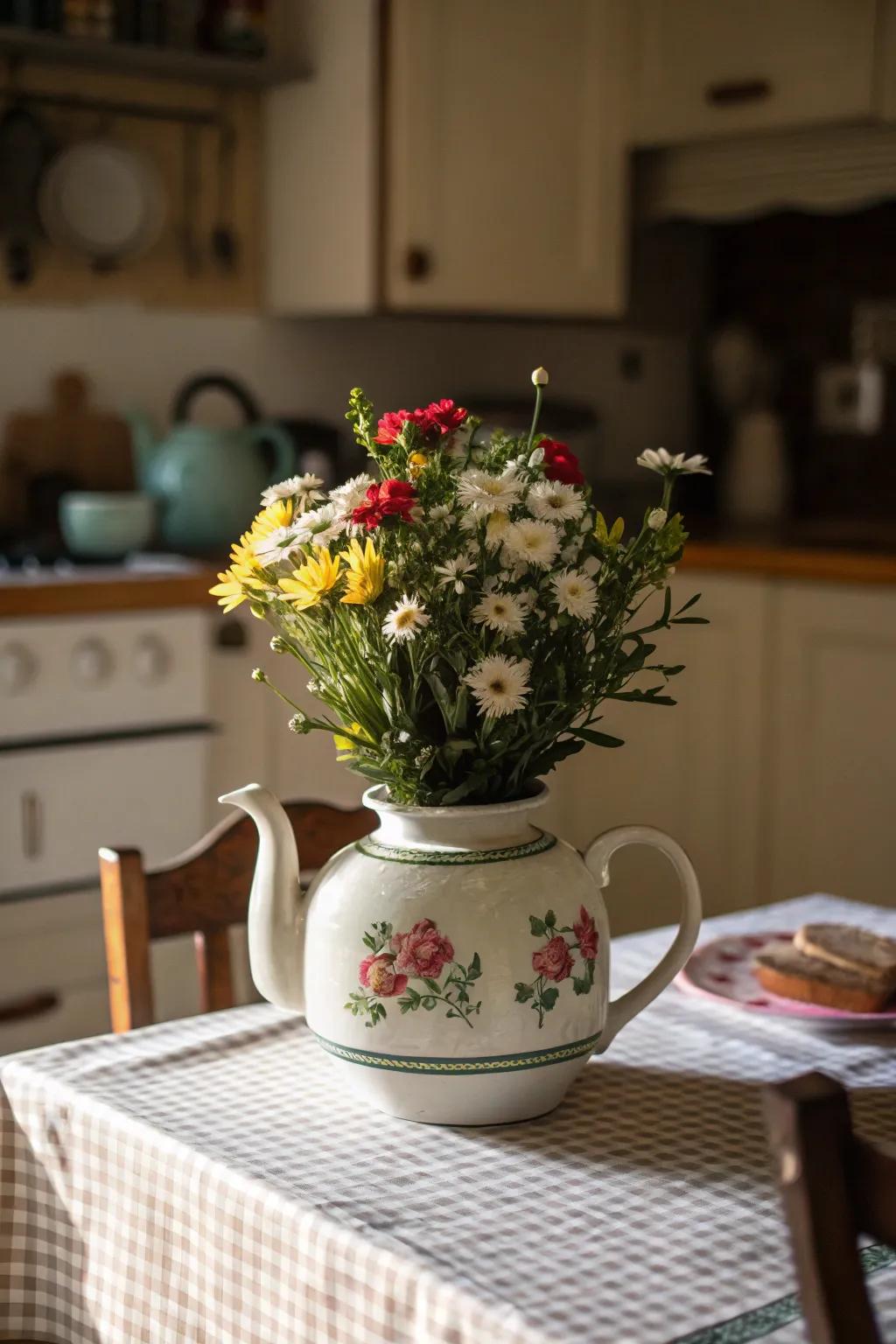 A vintage teapot repurposed into a flower container, adding character and charm.