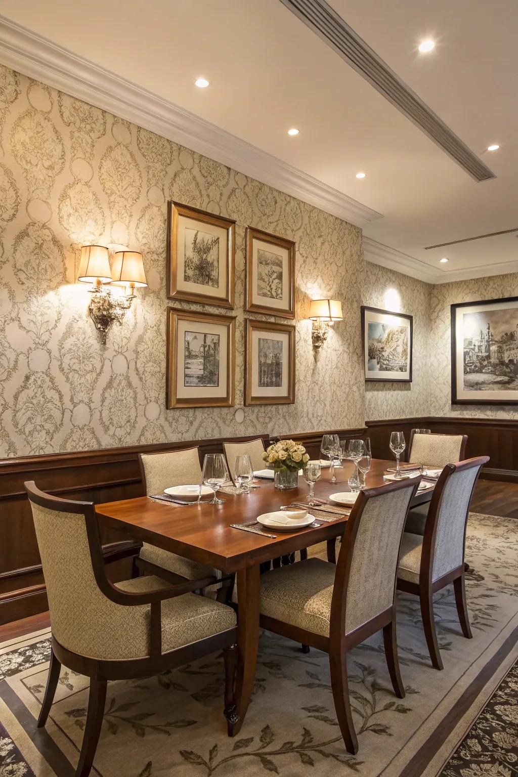 Decorated walls contribute character and dimension to your dining space.