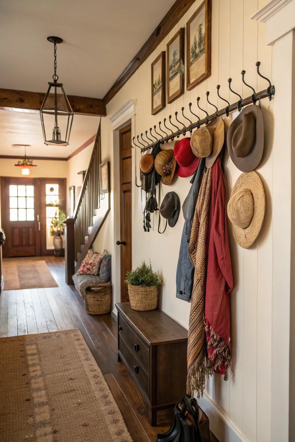Stylish wall hooks add both function and flair.