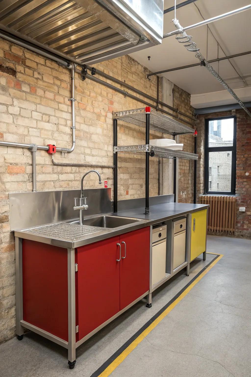 A striking industrial kitchen displaying a metal-framed unattached sink.