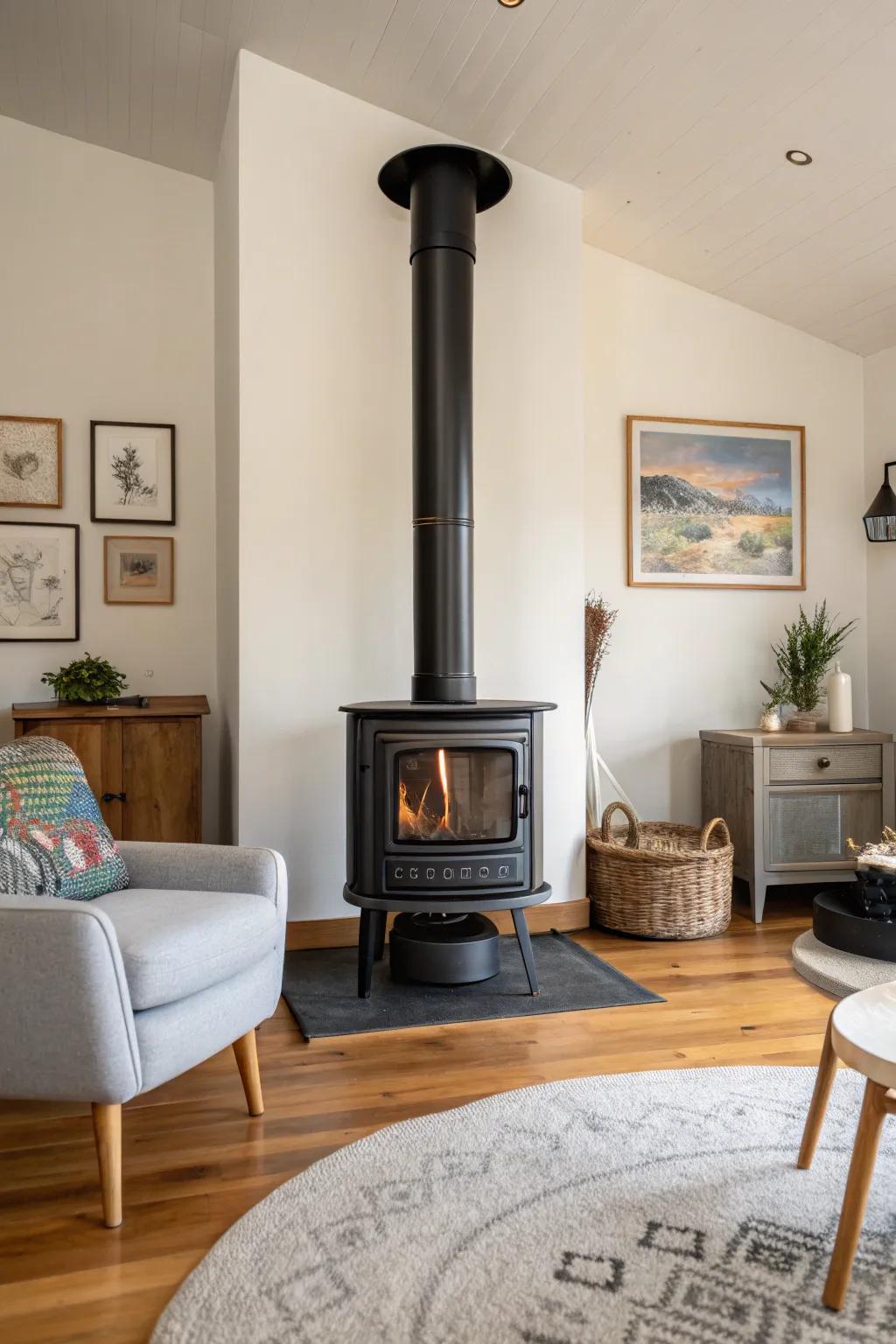 Clean lines define this modern log burner in a simple setting.