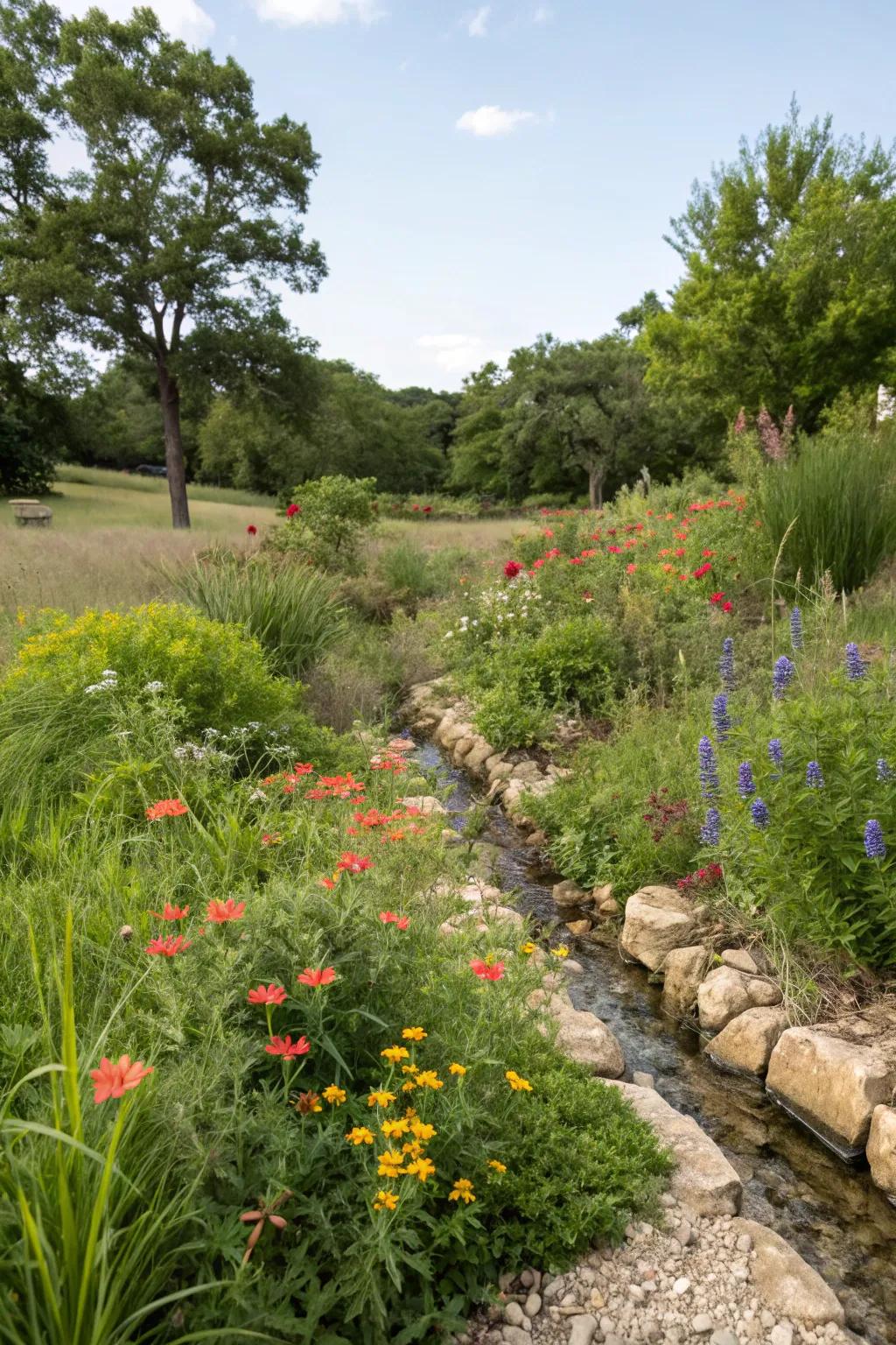 A drainage system subtly incorporated into a flourishing native plant garden.