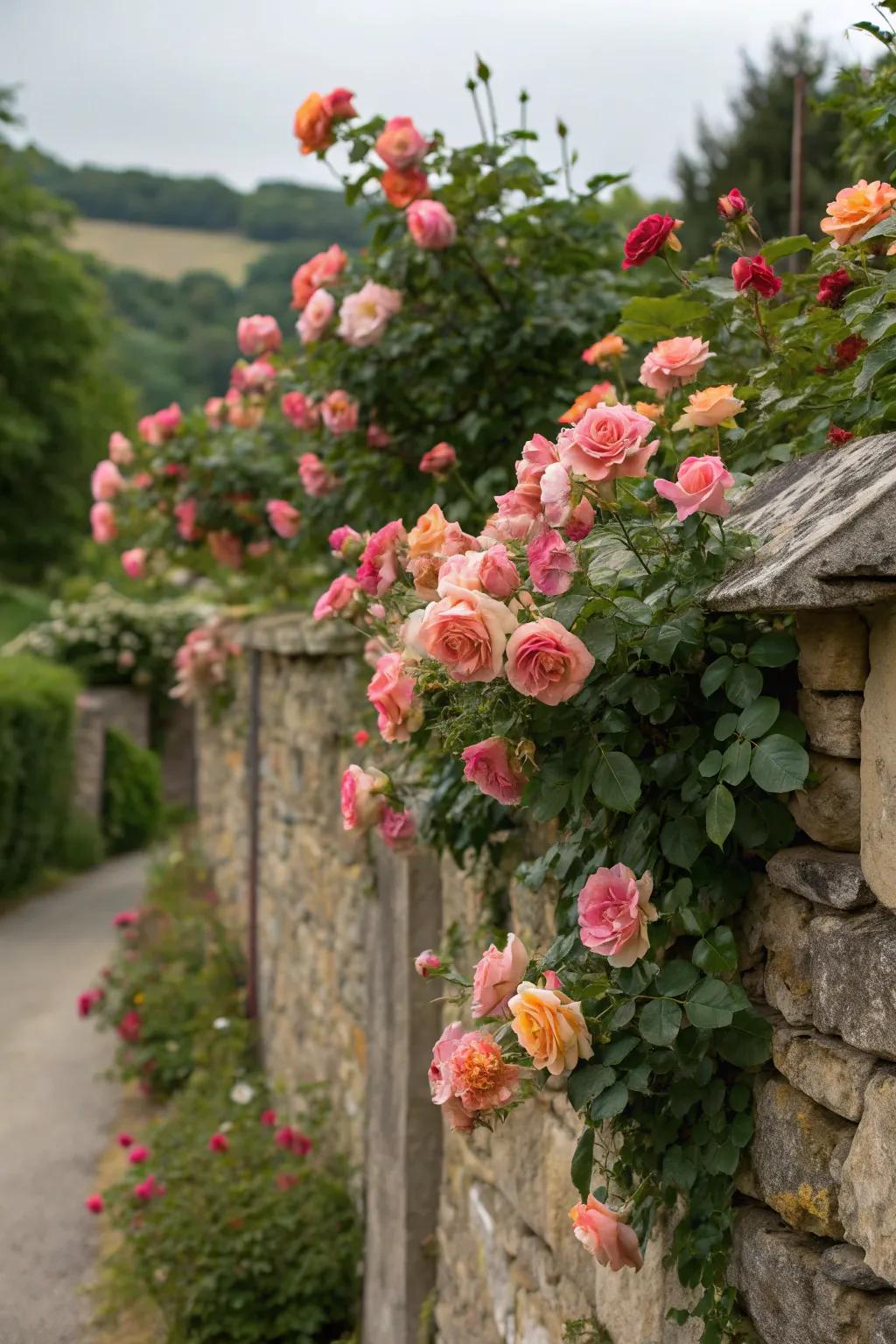 Roses in full bloom, adding heartfelt charm to a garden wall.