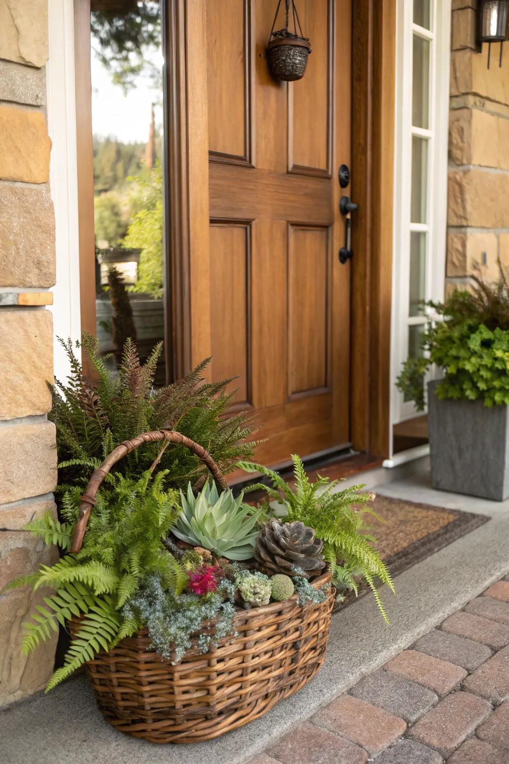 Succulents and ferns introduce a contemporary, tropical vibe to your front door.