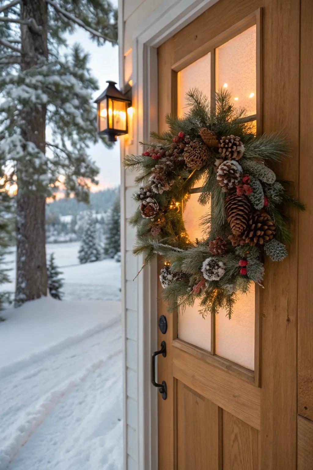 Country-style cone embellishments featured on a front door seasonal circle.