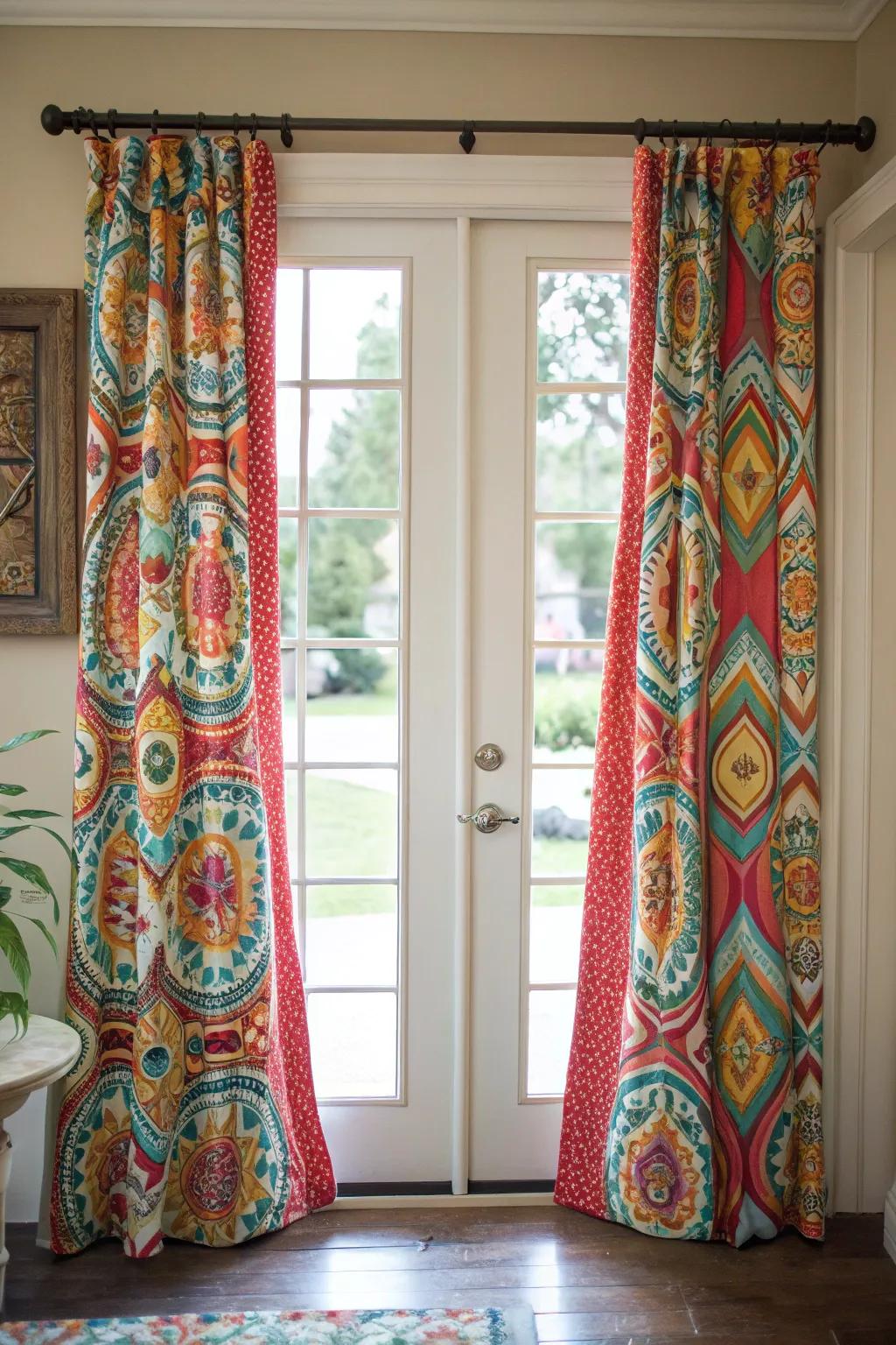 Patterned curtains adding a vibrant touch to a front entrance.