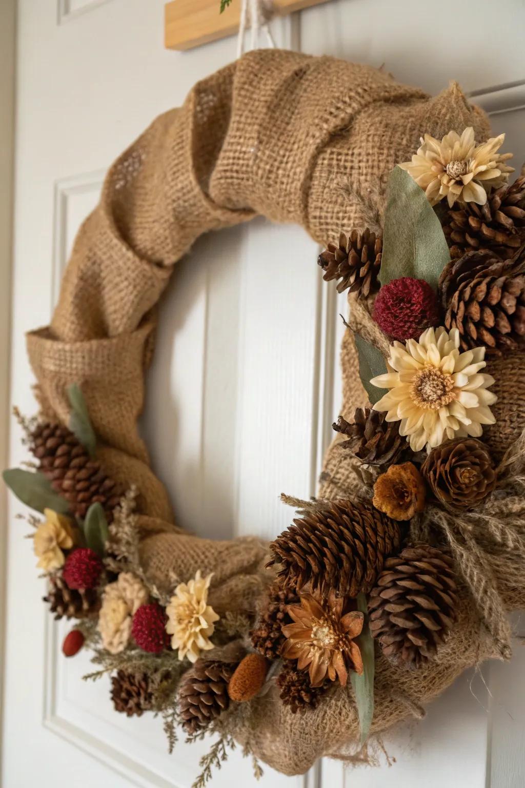 A rustic burlap wreath radiating warmth and charm.